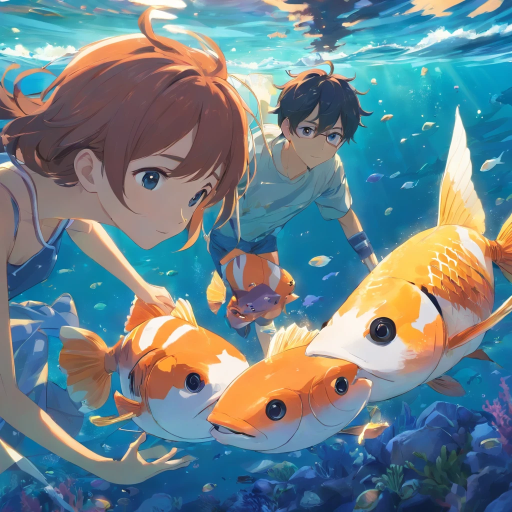 A boy and a girl swim at the bottom of the sea,dream magical,The fish