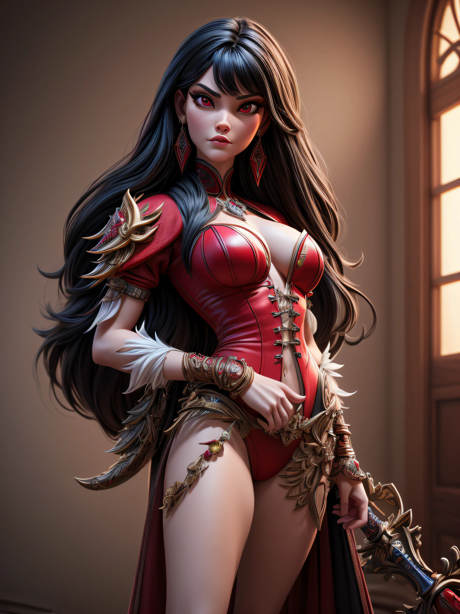 a 3D pixar animation style  model shot of a Vampirella, a exquisite beautiful Vampirella (masterpiece, extremely detailed, best quality) LnF wearing red armor  (masterpiece, extremely detailed, best quality), armed with long sword, white skin, black hair, long hair, red eyes color, jewelry, standing in a modern street detailed background (masterpiece, extremely detailed, best quality), best realistic, best details, best quality, 16k, [ultra detailed], masterpiece, best quality, (extremely detailed), ultra wide shot, photorealism, room is lit with bright light, depth of field, 3D animation rendering,