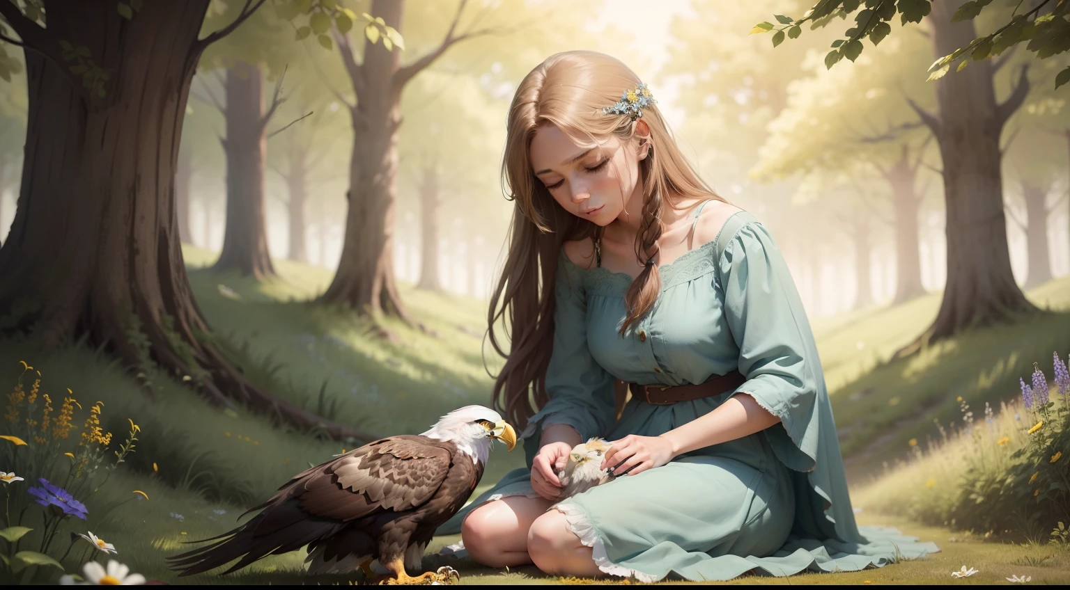 Sophia gently cradling the injured eagle in her arms.
The scene is outdoors in the sun-dappled meadow.
Sophia's face expresses compassion and determination to help the wounded eagle.
The meadow is bathed in sunlight, creating a warm and tranquil atmosphere.
Natural sunlight dapples the scene, highlighting Sophia and the eagle.
The injured eagle is the focal point of the scene, with wildflowers swaying in the breeze around them.
Sophia, a 25-year-old woman with bright blue eyes and chestnut hair, cradles the injured eagle.
No other characters are described in the text.
The scene conveys a mix of compassion and determination as Sophia tends to the wounded eagle.
The time and season are not specified in the text.
Sophia and the injured eagle are in the foreground.
The sun-dappled meadow and swaying wildflowers form the background.
The meadow appears soft and natural, while the eagle's feathers are ruffled.
The scene captures a moment of stillness as Sophia cradles the injured eagle.
Natural lighting emphasizes the compassion and determination on Sophia's face.
This scene encapsulates a heartfelt moment of care and hope in a tranquil natural setting.