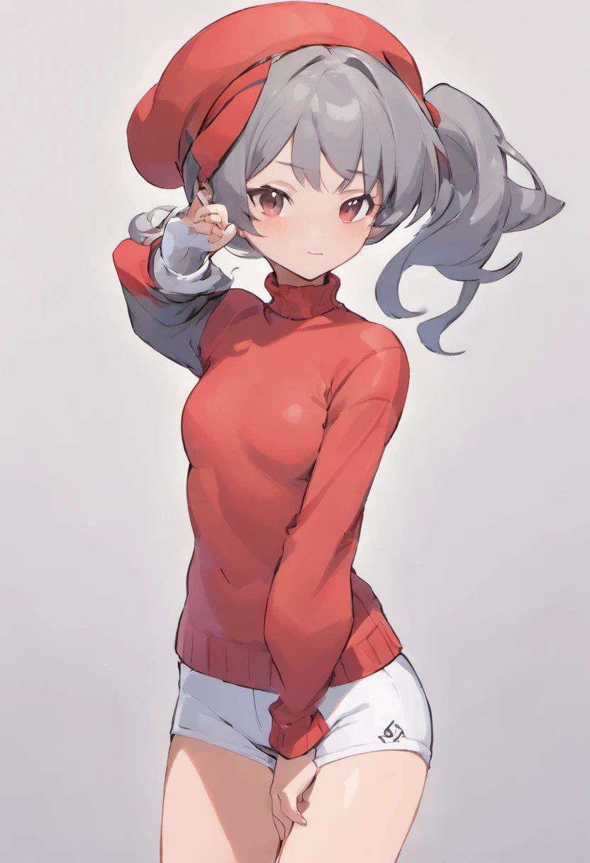 One girl、Bring your arms forward、Hand Par、Close-up of the subject's upper body、Composition of the subject seen from the front、Long Sleeve Red Turtleneck Knit、White shorts、red headwear、Gray ponytail、Pose with one arm thrust forward、