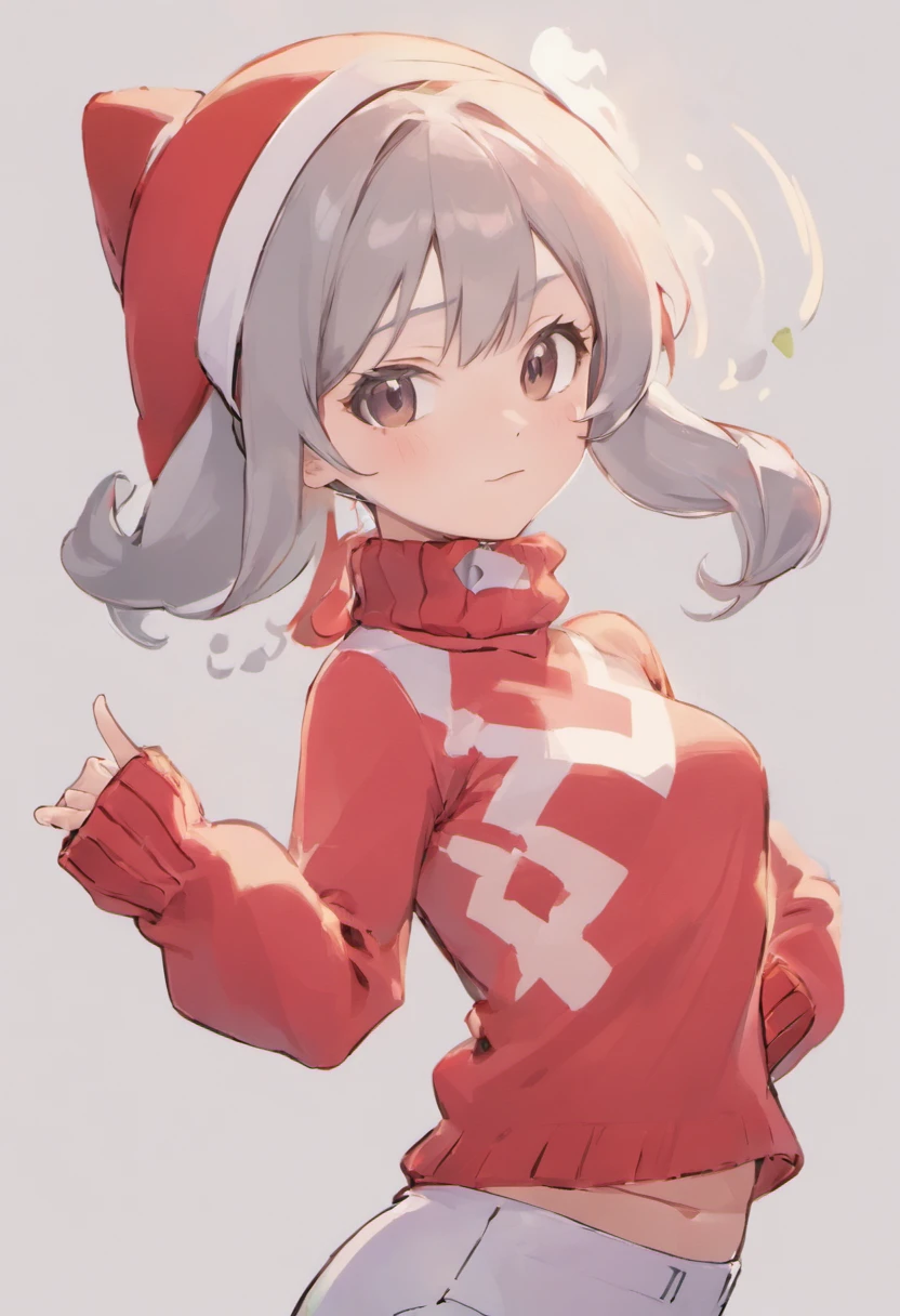 One girl、Bring your arms forward、Hand Par、Close-up of the subject's upper body、Composition of the subject seen from the front、Long Sleeve Red Turtleneck Knit、White shorts、red headwear、Gray ponytail、Pose with one arm thrust forward、
