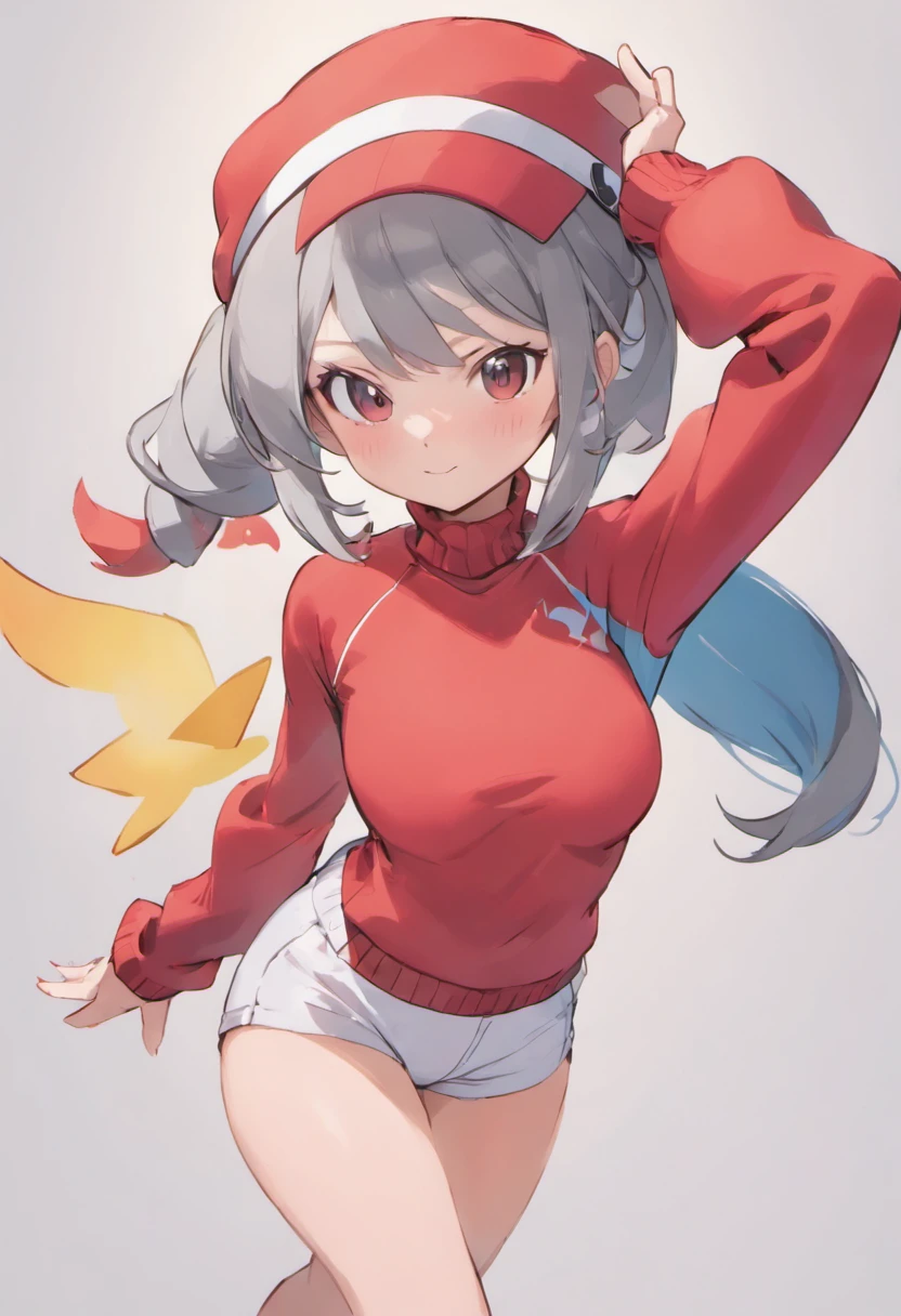 One girl、Bring your arms forward、Hand Par、Close-up of the subject's upper body、Composition of the subject seen from the front、Long Sleeve Red Turtleneck Knit、White shorts、red headwear、Gray ponytail、Pose with one arm thrust forward、