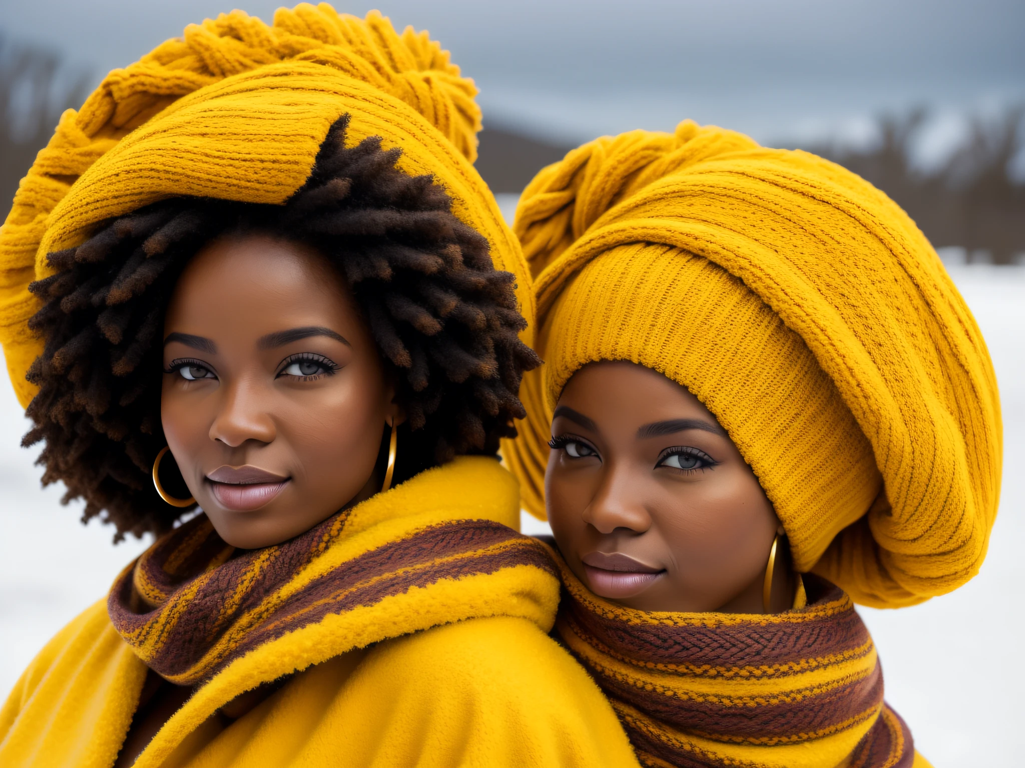 Magen de un modelo africana de caabello afro con abrigo y gorro amarillo, symbolizing the winter season in the background ON THE SIDE WITH COPY SPACE