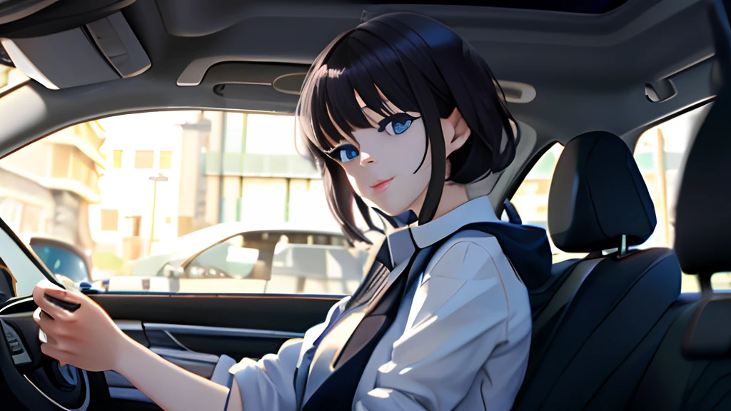 Car anime girl with steering wheel and blue eyes, anime moe art style, Smooth Anime CG Art, by ilya kuvshinov, kuvshinov ilya, Anime visuals of cute girls, kuvshinov, official artwork, ilya kuvshinov style, High quality anime art style, [[[[grinning evily]]]]