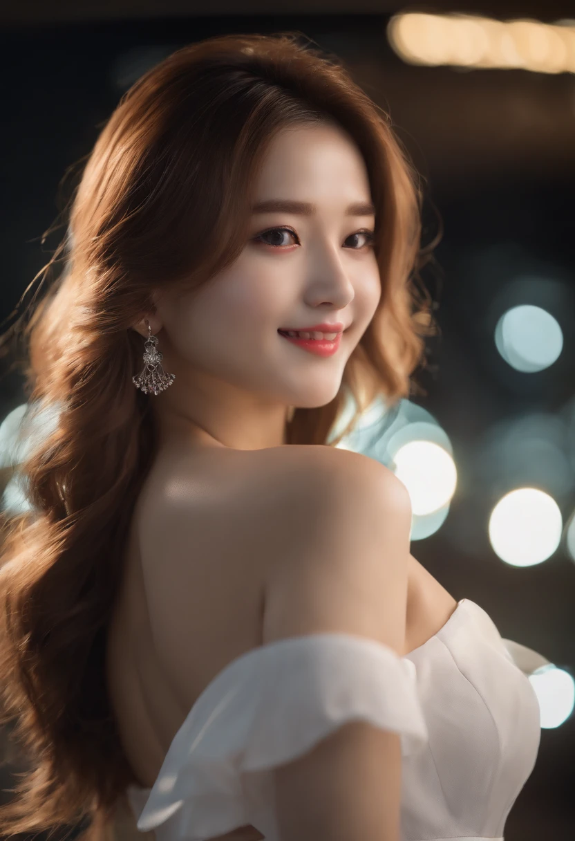 8K, masutepiece, Raw photo, Best Quality, Photorealistic, Highly detailed CG Unity 8k wallpaper, depth of fields, Cinematic Light, Lens Flare, Ray tracing, (Extremely beautiful face, Beautiful lips, Beautiful eyes), intricate detail face, ((Ultra detailed skin)) 1girl in, In the Dark, deepshadow, Pretty Korean girl, Kpop Idol, 1 girl, (Very slim and slender fit muscular body:1.3), ((Looking at Viewer)),(Big smile:1.3), (Midnight, a dark night, (Neon sign), (Blurred background), Dim light), (No people in the background:1.3), Beautiful earrings, Bracelets, Necklace, pantyhose, Clear eyes, Walking , Front shot, (pale skin), (Big eyes), Face forward, (Full body shot), (Brown hairs), open navel, (Looking at Viewer:1.3), Very slim, medium breasts, (Camel toe), thick thighs, turn back, (fluttering mini dress), ((White Collar Dresses)), (Tight skirt), ((backtrack, Back shot)), Ultra mini skirt, exposed ass, upper Shot
