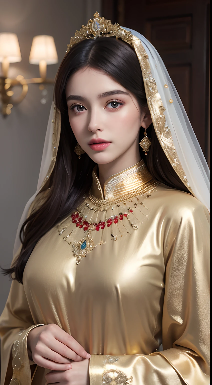 (master piece: 1.3), (8k, photoreallistic, Photo brute, beste-Qualit: 1.4), (1fille), beau visage, (realistic face), (cheveux rouges , cheveux long rouges1.3), belle coiffure, realistic crystal bright shining eyes, beautiful detailed eyes brilliant European beauty, (realistic skin), belle peau, (tirer), absurdes, attrayant, ultra highres, ultra realist, highly detailed, Golden Number wearing a Moroccan Islamic caftan outfit half red half blue