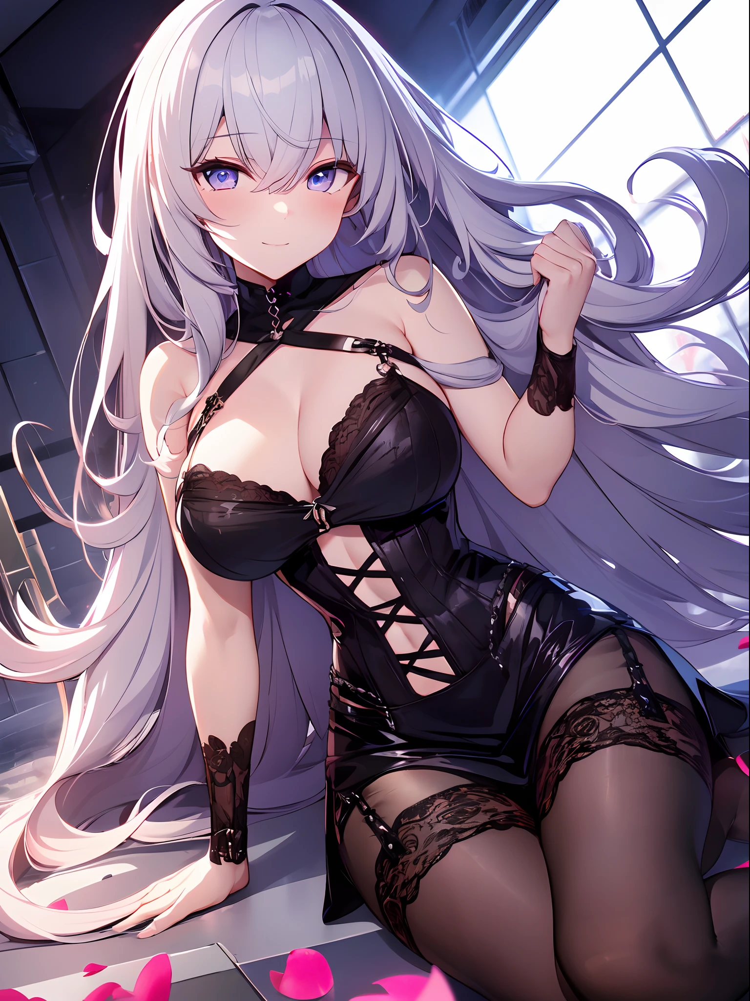 ((masterpiece)), ((Best Quality)), (ultra-detailed), ((extremely detailed)), 4K, (8K), best quality, top-quality, anime style,1girl, solo, The most detailed skin, Black bustier, metallic silver mini skirt, lace black stockings, silver studded high heels, silver arm bands, //, Stunned expression, Girl with troubled face, Ecstasy, (sexual expression), smile, blush, Red face, //, (large breasts), voluptuous body, //, Side up long wavy hair, Deep Silver hair color, (beautiful eyes), pink-skinned, //, Foggy crumbling buildings and arches, (thick lines:1.2),