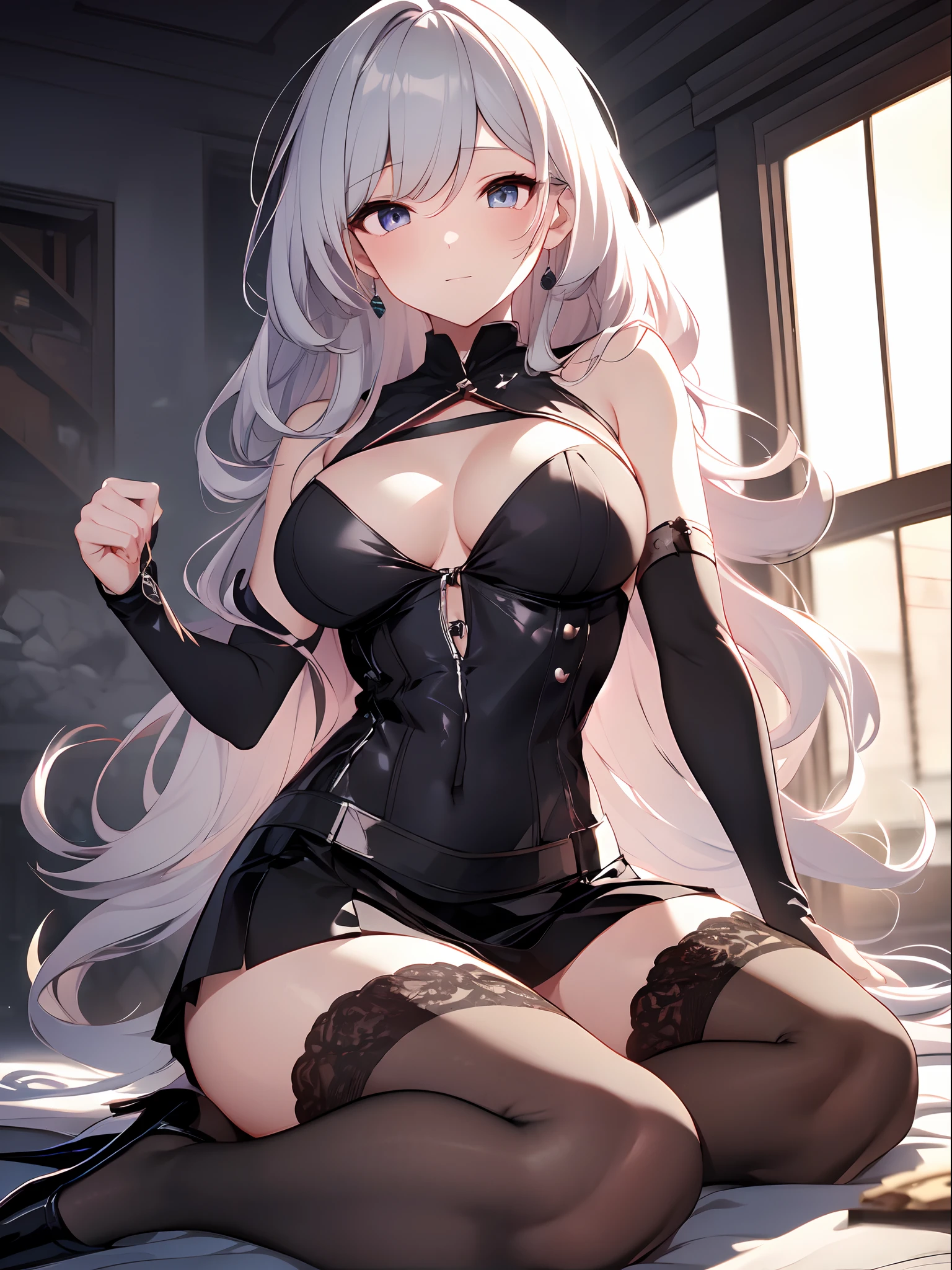 ((masterpiece)), ((Best Quality)), (ultra-detailed), ((extremely detailed)), 4K, (8K), best quality, top-quality, anime style,1girl, solo, The most detailed skin, Black bustier, metallic silver mini skirt, lace black stockings, silver studded high heels, silver arm bands, //, Stunned expression, Girl with troubled face, Ecstasy, (sexual expression), smile, blush, Red face, //, (large breasts), voluptuous body, //, Side up long wavy hair, Deep Silver hair color, (beautiful eyes), pink-skinned, //, Foggy crumbling buildings and arches, (thick lines:1.2),