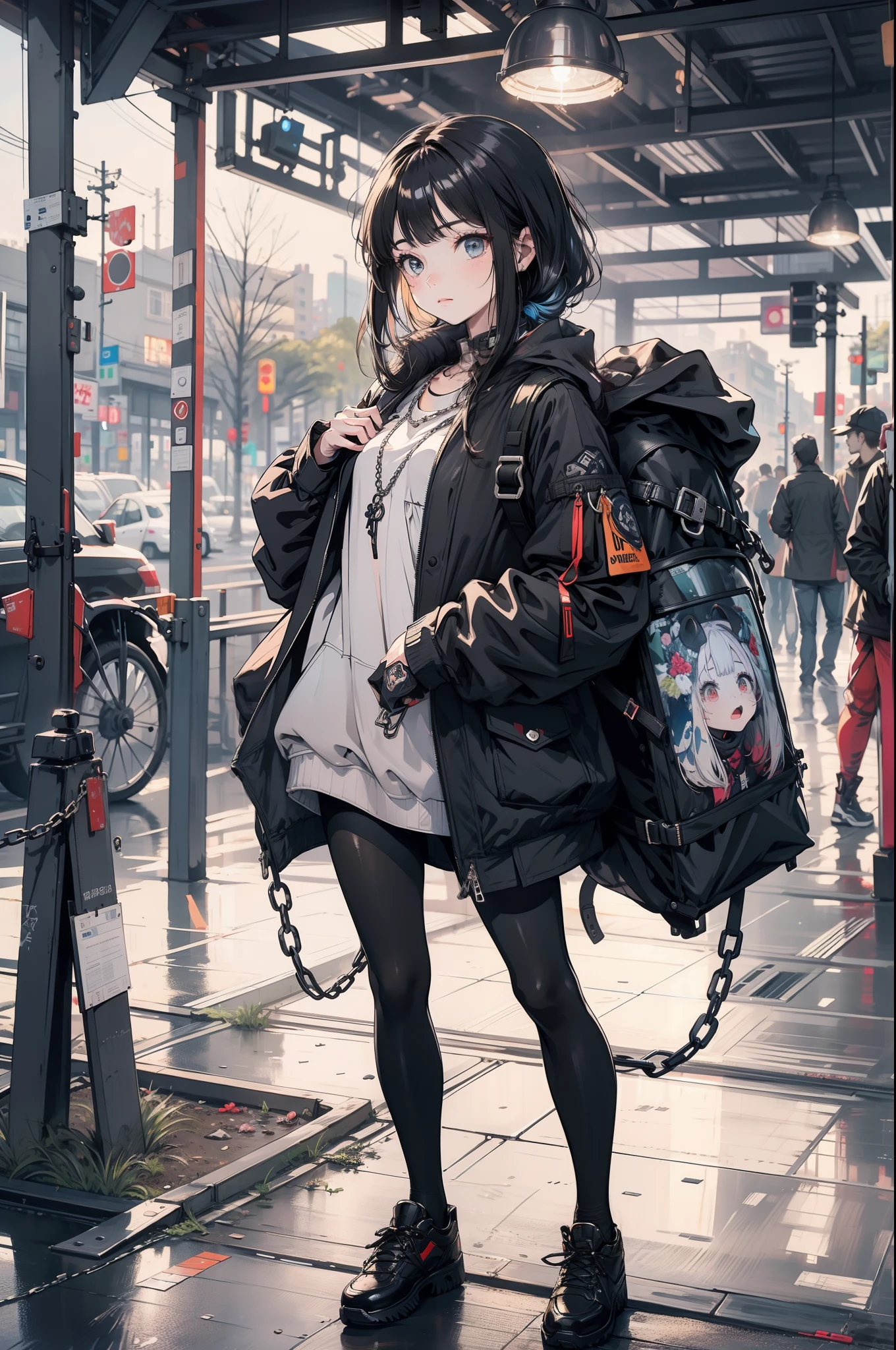 1girl in, jaket, Sateen, En plein air, Parka, Open jacket, chain, rucksack, Look at one more, hair messy, trending on artstationh, 8K分辨率, Highly detailed and anatomically correct, Sharp images, digitial painting, concept-art, trending on pixiv,neonlight