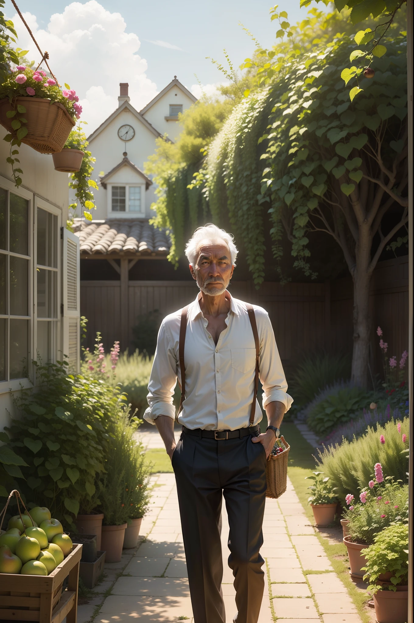 lonely man wandering in a garden,not far away a woman busy with picking pears,garden fruits hanging,ripe,falling