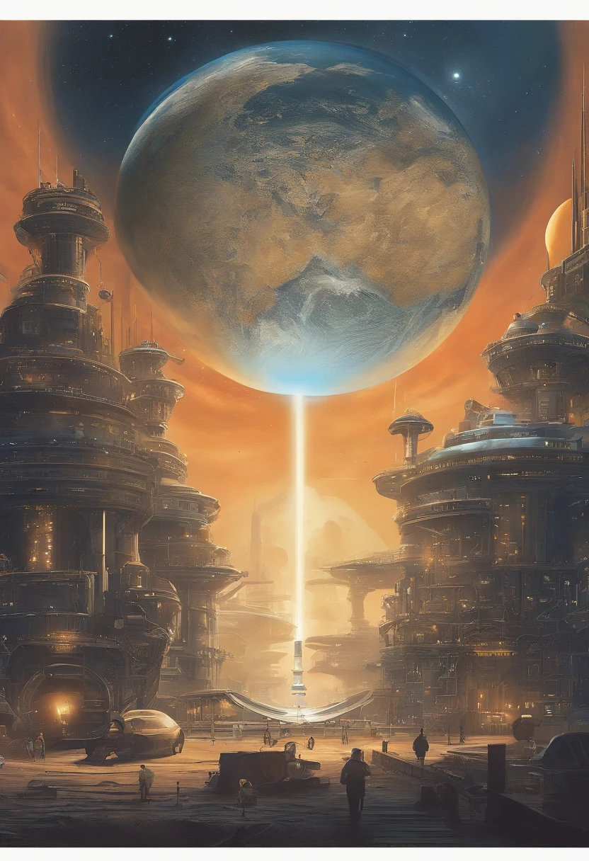 Help me draw a sci-fi painting,The theme is science and environmental protection,The whole painting uses the starry sky as the background,At the bottom is the Earth,Tall buildings can be seen on Earth、All sorts of garbage,Including hazardous waste、Food waste、Other garbage and recyclables。Above the earth,In space there is a huge waste-to-energy station,The power station is divided into three levels: upper, middle and lower,At the bottom are various pipes,Same with all kinds of garbage,Used for garbage collection;The middle tier is used for garbage disposal,There will be all sorts of small robots、Smart devices do all kinds of garbage disposal and conversion,The upper floor is a waste-to-energy station,and the middle tier are connected by conversion devices,It is used to convert treated garbage into electricity。Waste-to-energy stations will and the earth、Other planets and spaceships、moons、Spaceships and so on are connected,to supply power。This painting is a second-grade elementary school work,The painting style is simple,As A2 paper size,Offers minimalist painting