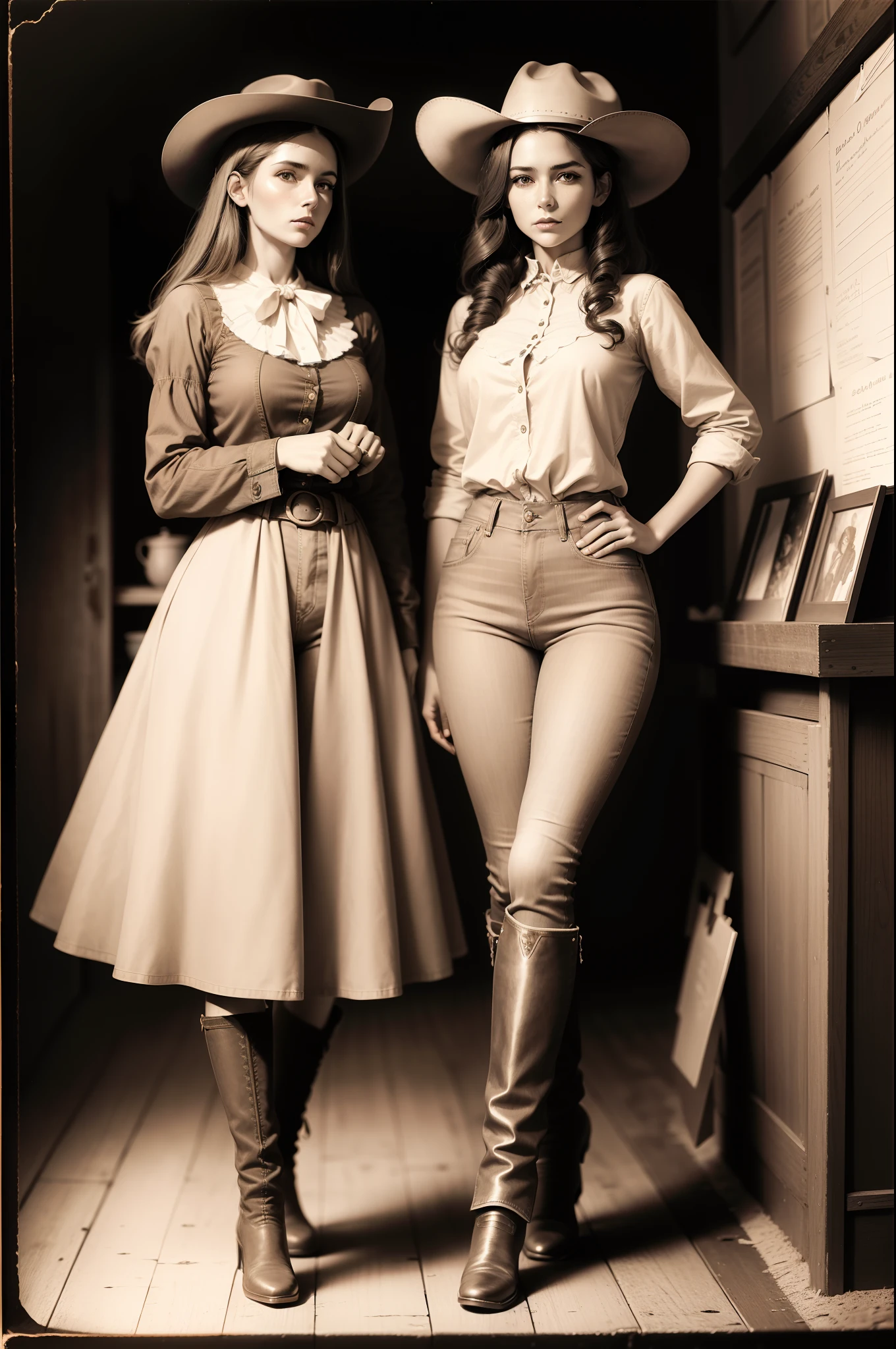cowgirl model, old school photos, sepia toned images, old Daguerreotypes styled, full length shot, denim jeans, boots, horse