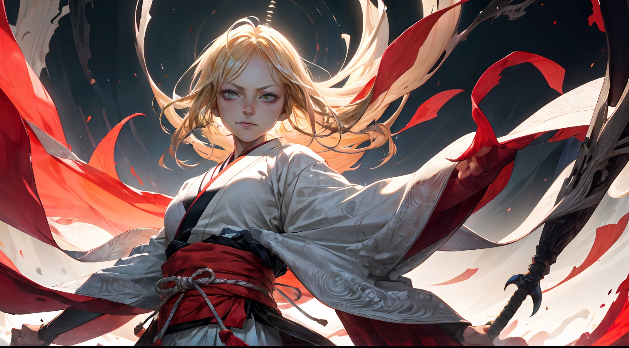 (masterpiece, best quality:1.2), solo, female focus, 1girl, Tia Harribel (Bleach) , slight smile, looking at viewer, long blond hair, green eyes, japanese clothes, white kimono, underboob, dynamic pose, detailed gorgeous face, 30-megapixel, 4k, 85mm lens, sharp focus, intricately detailed, long exposure time, f/8, ISO 100, shutter speed 1/125, diffuse back lighting, award winning photograph, facing camera, looking into camera, monovisions, perfect contrast, High sharpness, facial symmetry, depth of field, ultra-detailed photography, raytraced, global illumination, TanvirTamim, smooth, ultra high definition, 8k, unreal engine 5, ultra sharp focus, award-winning photograph, trending on artstation,((full body, Kurosaki Ichigo (Bleach) , shinigami, bleach, intricate background, anime,espada, 1boy, perfect anatomy, upper body, 1person, 1boy, landscape art, intricate detail))