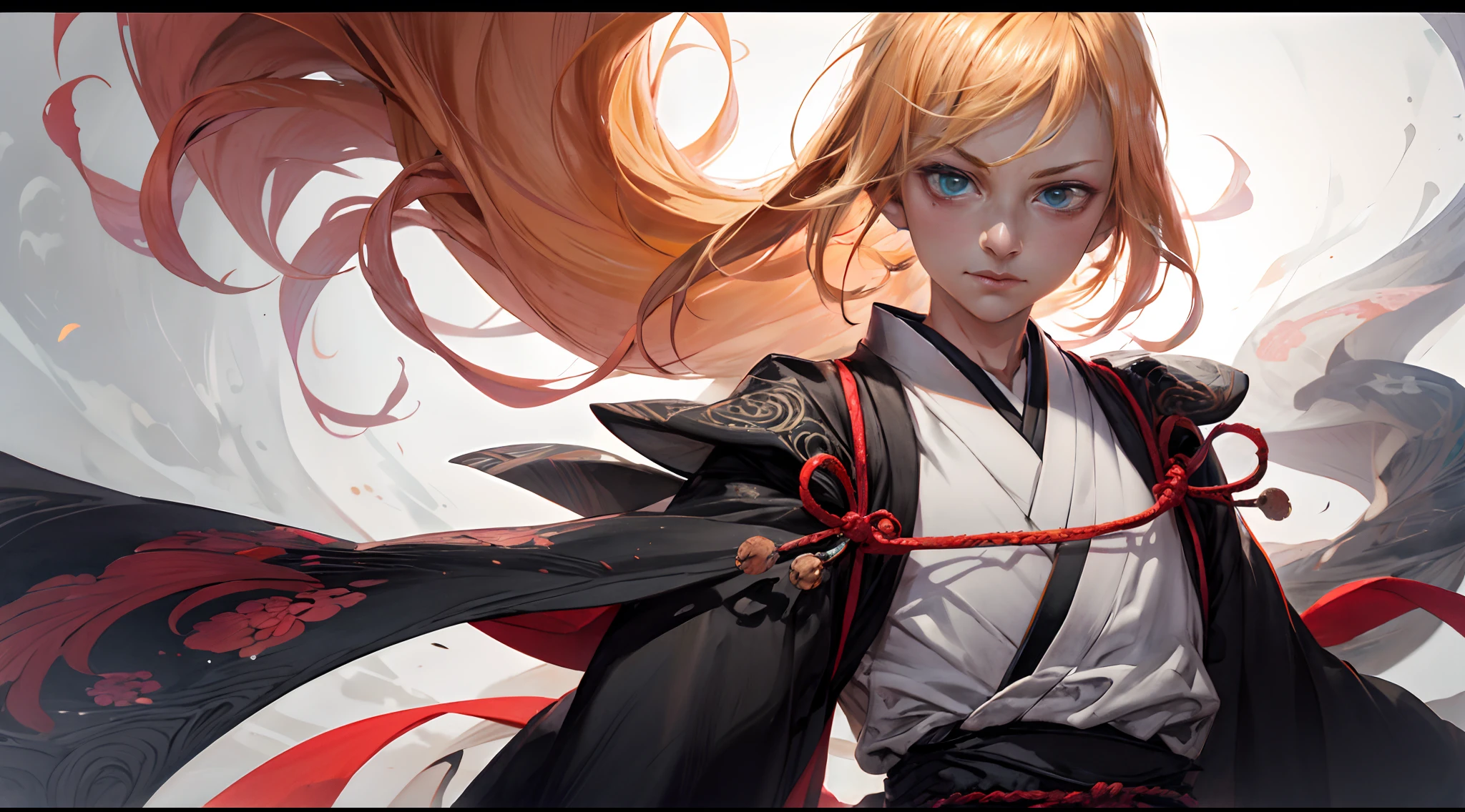 (masterpiece, best quality:1.2), solo, female focus, 1girl, Tia Harribel (Bleach) , slight smile, looking at viewer, long blond hair, green eyes, japanese clothes, white kimono, underboob, dynamic pose, detailed gorgeous face, 30-megapixel, 4k, 85mm lens, sharp focus, intricately detailed, long exposure time, f/8, ISO 100, shutter speed 1/125, diffuse back lighting, award winning photograph, facing camera, looking into camera, monovisions, perfect contrast, High sharpness, facial symmetry, depth of field, ultra-detailed photography, raytraced, global illumination, TanvirTamim, smooth, ultra high definition, 8k, unreal engine 5, ultra sharp focus, award-winning photograph, trending on artstation,((full body, Kurosaki Ichigo (Bleach) , shinigami, bleach, intricate background, anime,espada, 1boy, perfect anatomy, upper body, 1person, 1boy, landscape art, intricate detail))