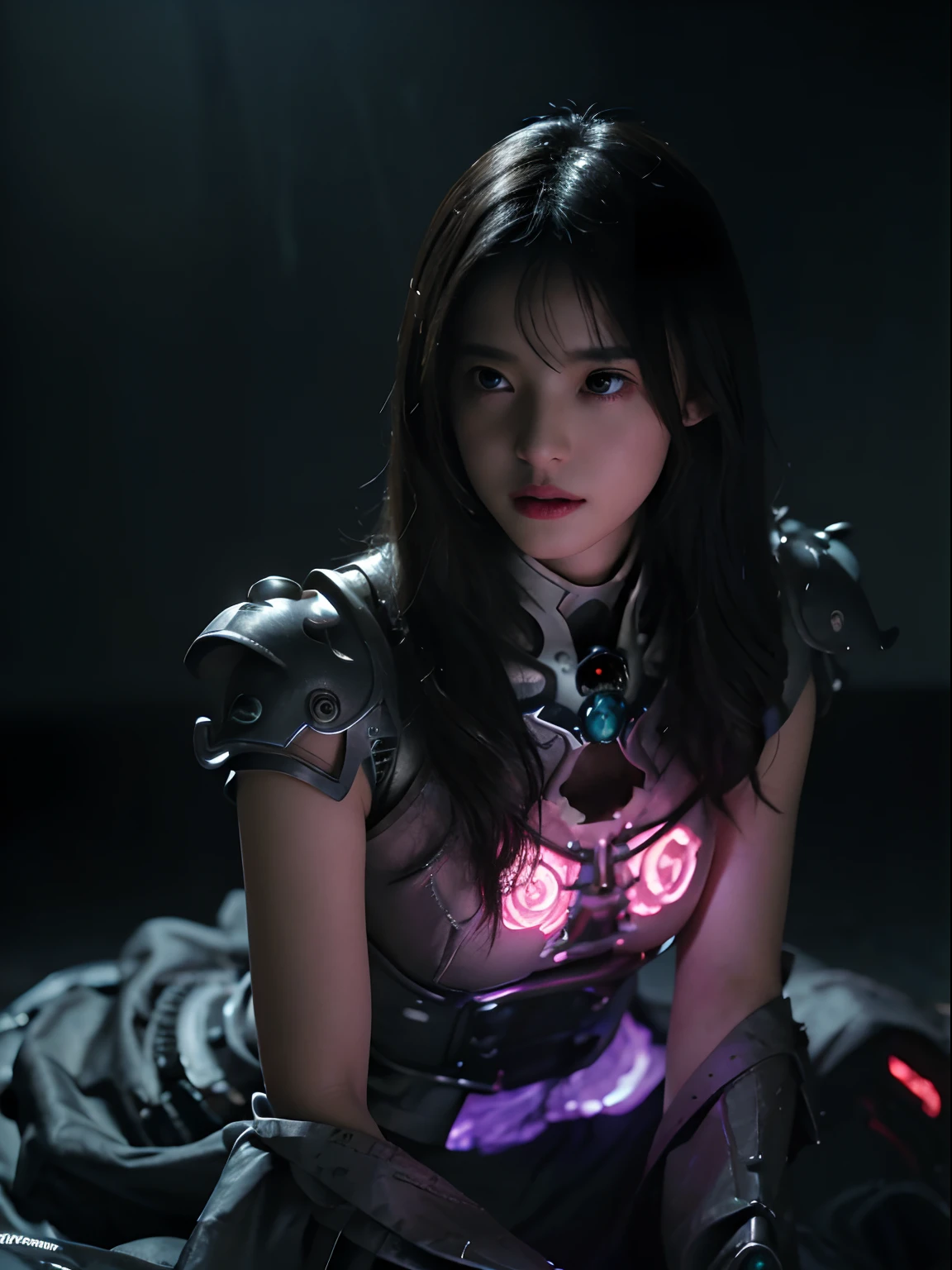 top-quality、masterpiece、超A high resolution、(Photorealsitic:1.4)、Raw photo、女の子1人、Black hair、glowy skin、1 Mechanical Girl、((super realistic details))、portlate、Global Illumination、Shadow、octan render、8K、ultrasharp、Mechanical Girl、Colossal tits、Raw skin is exposed in cleavage、Details of complex ornaments、Gundam details、highly intricate detail、Realistic light、CGSoation Trends、a purple eye、radiant eyes、Facing the camera、neon details、Mechanical limbs、blood vessels connected to tubes、Mechanical vertebrae attached to the back、mechanical cervical attaching to neck、sitting on、Wires and cables connecting to the head、Small LED lamp、Fluorescent glowing tubes、