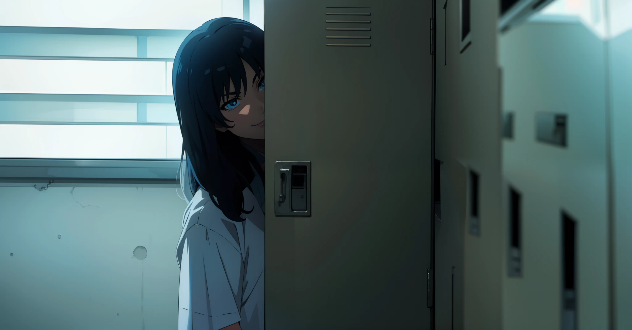 Anime scene, 1girl evil smile behind the locker