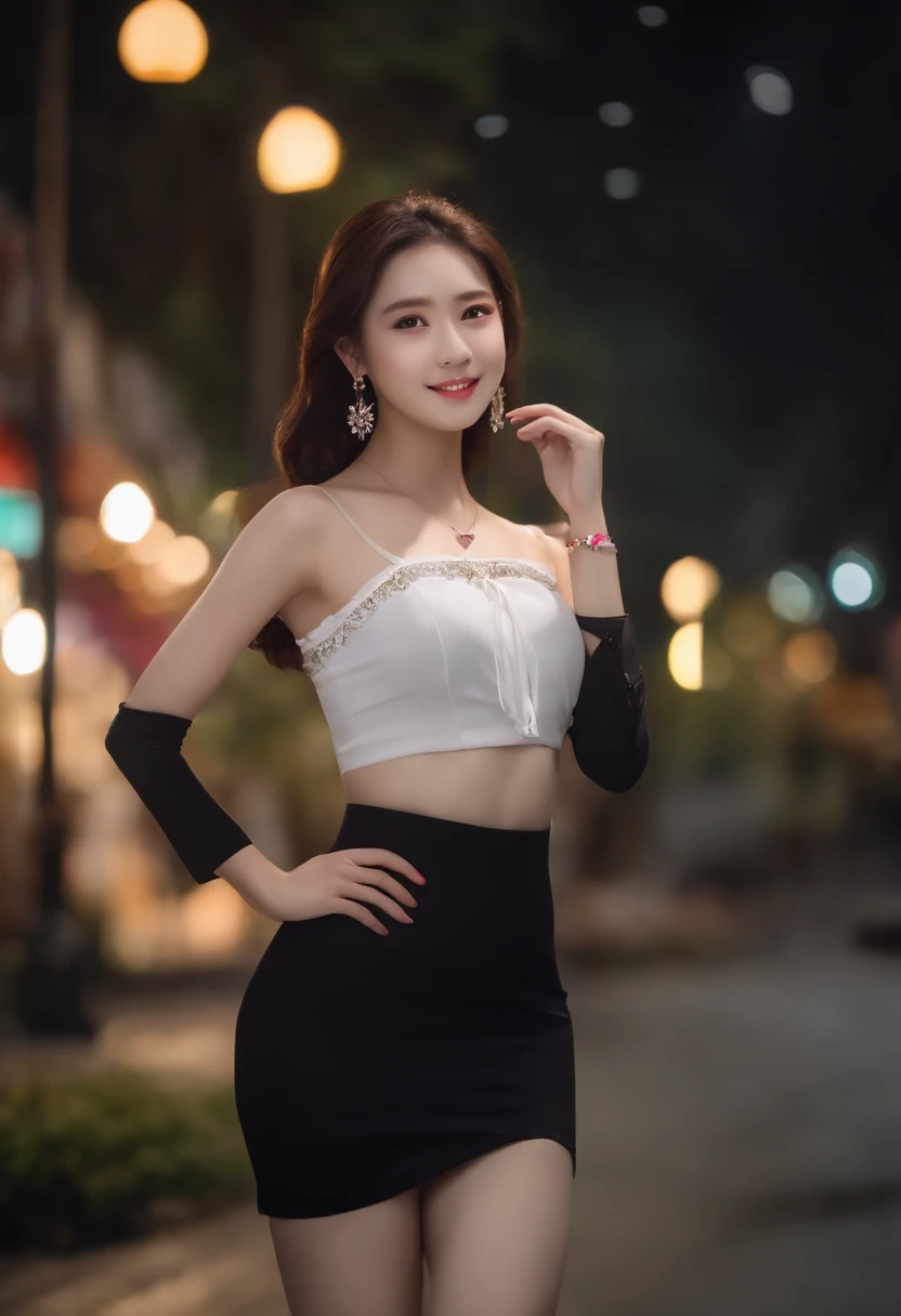 8K, masutepiece, Raw photo, Best Quality, Photorealistic, Highly detailed CG Unity 8k wallpaper, depth of fields, Cinematic Light, Lens Flare, Ray tracing, (Extremely beautiful face, Beautiful lips, Beautiful eyes), intricate detail face, ((Ultra detailed skin)) 1girl in, In the Dark, deepshadow, Pretty Korean girl, Kpop Idol, 1 girl, (Very slim and slender fit muscular body:1.3), ((Looking at Viewer)),(Big smile:1.3), (Midnight, a dark night, (Neon sign), (Blurred background), Dim light), (No people in the background:1.3), Beautiful earrings, Bracelets, Necklace, pantyhose, Clear eyes, Walking , Front shot, (pale skin), (Big eyes), Face forward, (Full body shot), (Brown hairs), open navel, (Looking at Viewer:1.3), Very slim, medium breasts, (Camel toe), thick thighs, turn back, (fluttering mini dress), ((White Collar Dresses)), (Tight skirt), ((backtrack, Back shot)), Ultra mini skirt, exposed ass, upper Shot