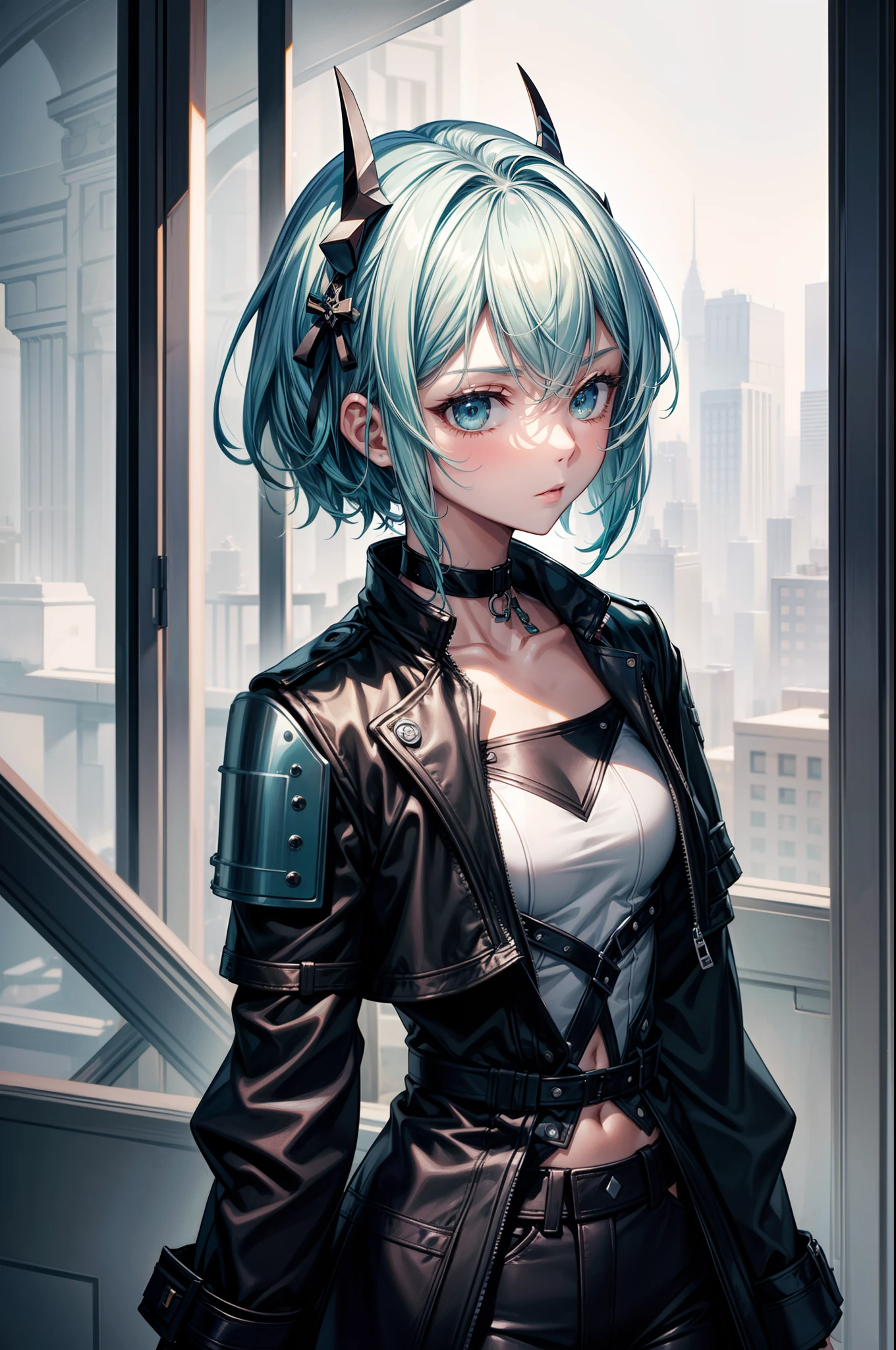 ultra-detailed, masterpiece, highest quality, 1girl, short light blue hair, dark green eyes, high quality, best quality, short hair, lean body, upper body, medium chest, (black jacket), standing, choker, add_detail:1, anbu armor,