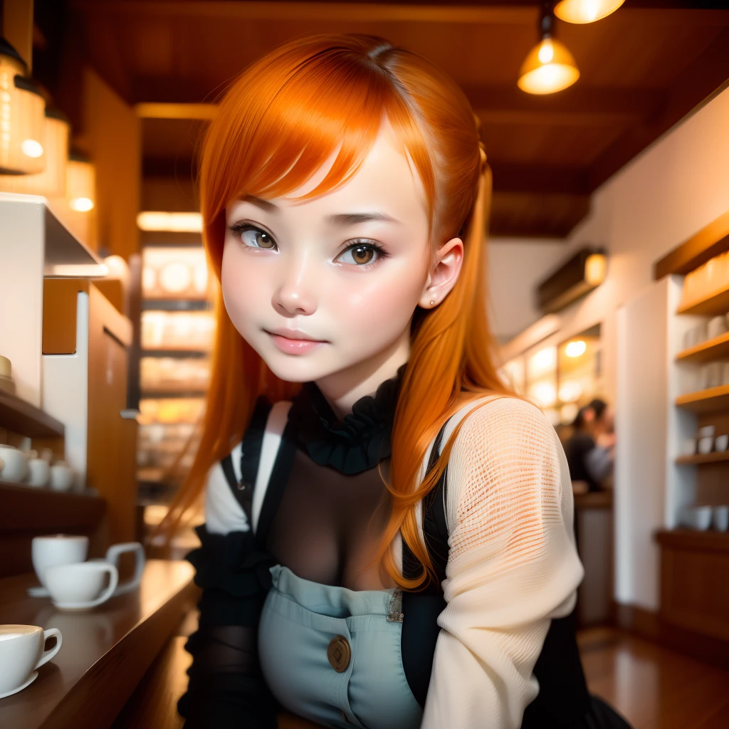 (masutepiece, Best Quality, Very detailed CG, Intricate details: 1.2), 8K Wallpaper, masutepiece, Best Quality, Awards Exclusive, High quality, Super Detail, high detailing, Textured skin, Cute, nffsw, Anatomically correct、Very beautiful and cute woman、28 year old、Gothic lolita、Cute poses、longshot、blurry backround:1.2、(((A café with a sense of history、Dim lighting:1.2、Inside the store with a little scratch)))