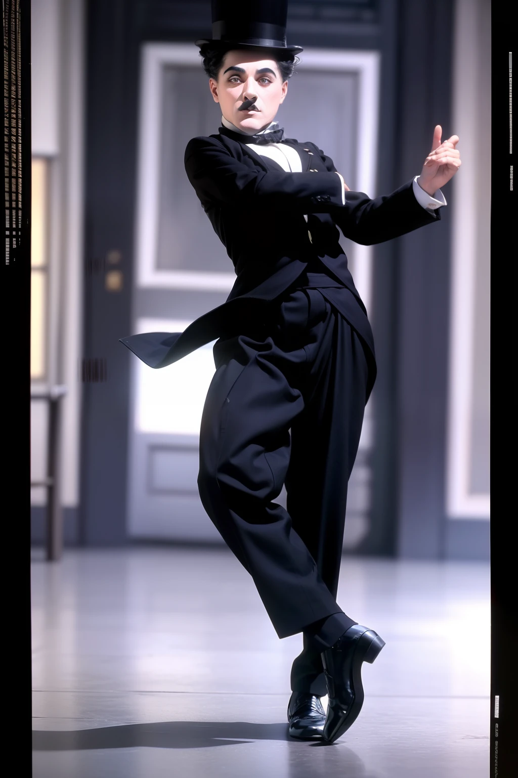 tmasterpiece,highest quality,Arafad image of a man in a top hat and suit, Charlie Chaplin dances, In the 1 9 2 2 movie, 1 9 2 0 s movie actor, from a movie scene, silent film, iconic film character, High-quality silent movies, old movie, Or form a silent movie, still image from the movie, Eddie, Still from the movie