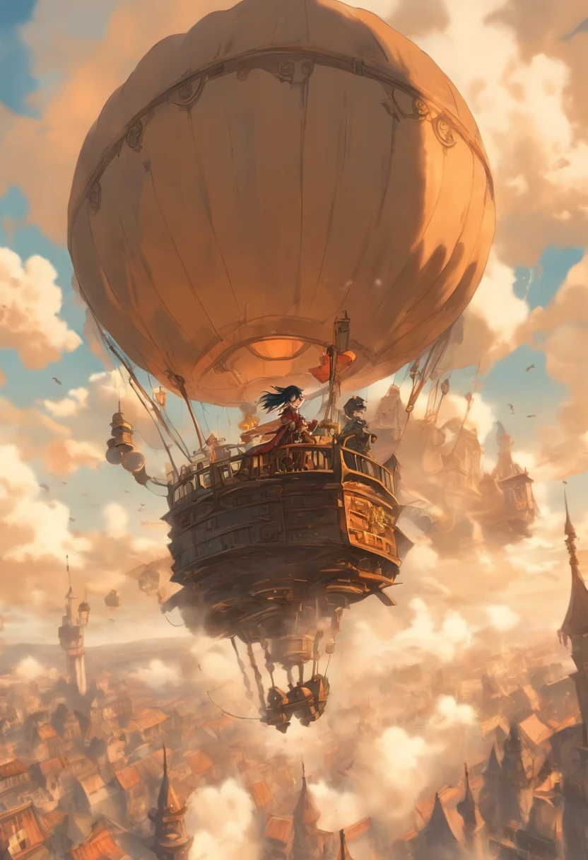 Chinese ink style,Steampunk world,Girl piloting steampunk flying machine,Suspended in the city air,Thick clouds,Ink animation art,Ink comic art,water ink,ink,Smudge,8K,Delicately portrayed,Works of masters,