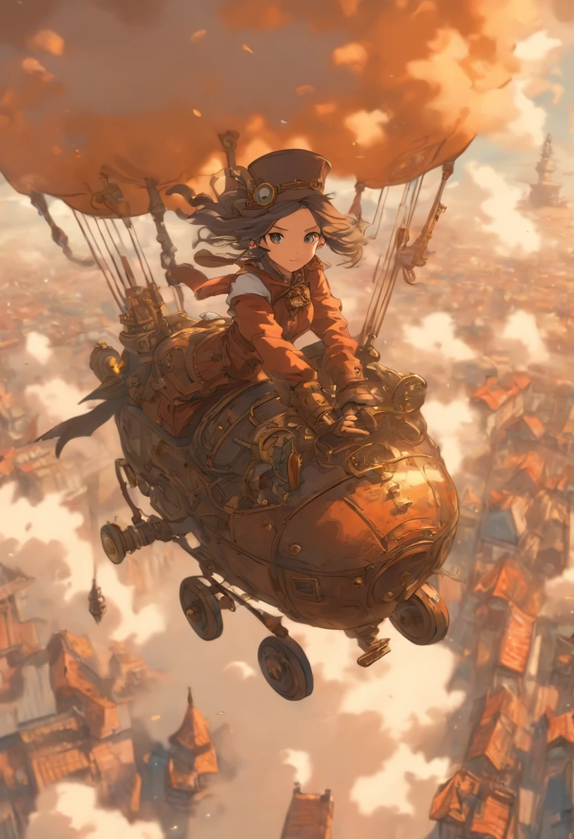 Chinese ink style，Steampunk world，Girl piloting steampunk flying machine，Suspended in the city air，Thick clouds，Ink animation art，Ink comic art，water ink，ink，Smudge，8K，Delicately portrayed，Works of masters，