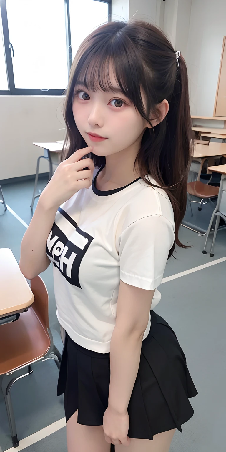 Japan High Girl。JK。a baby fen years ong tight gym clothes。The background is the classroom。Smooth skin。Physical Education Classes。Very cute。Medium hair。Black hair。