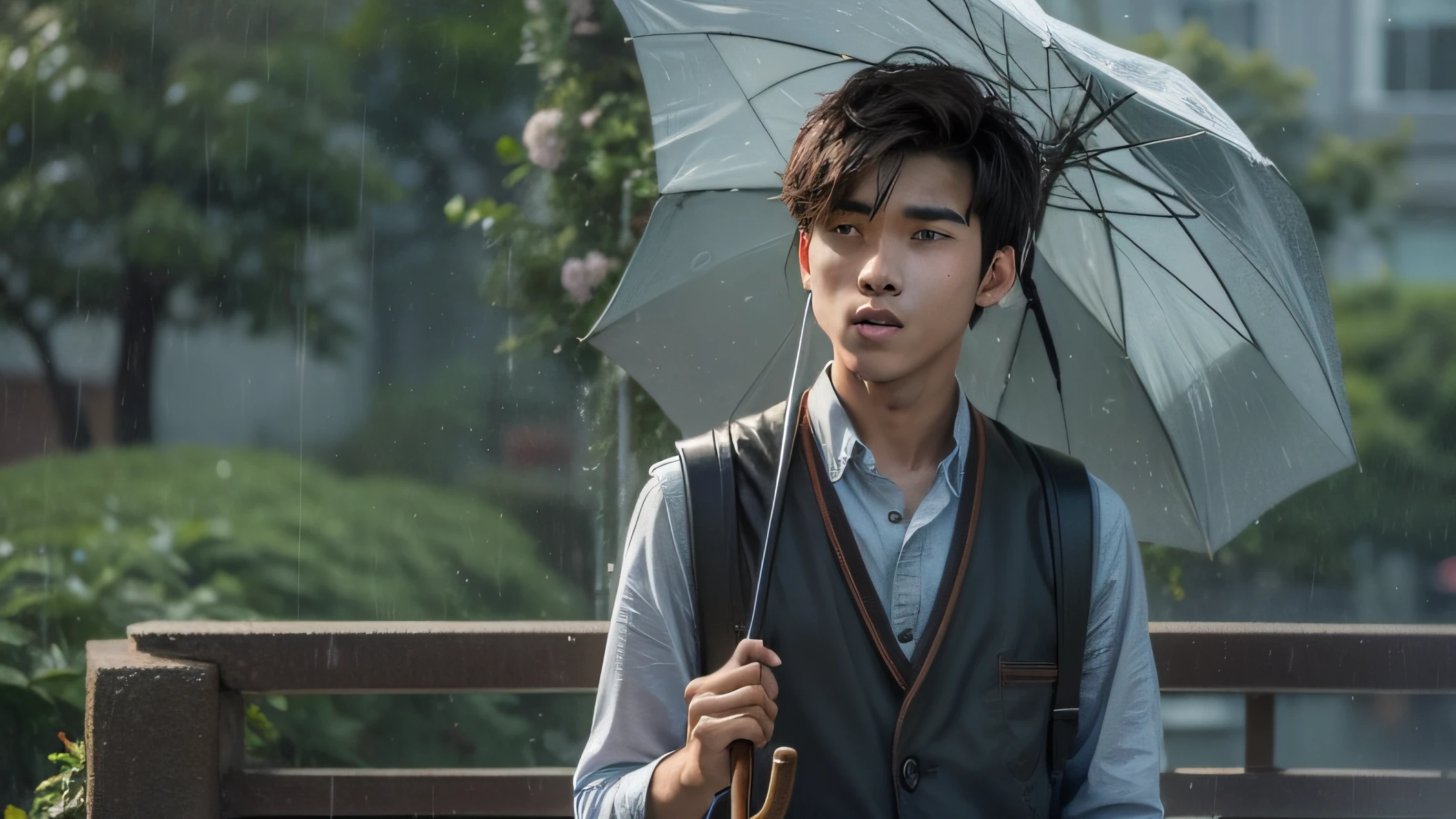 a male teenage student with brown hair and brown eyes holding an umbrella in the rain,, style of makoto shinkai, garden of words