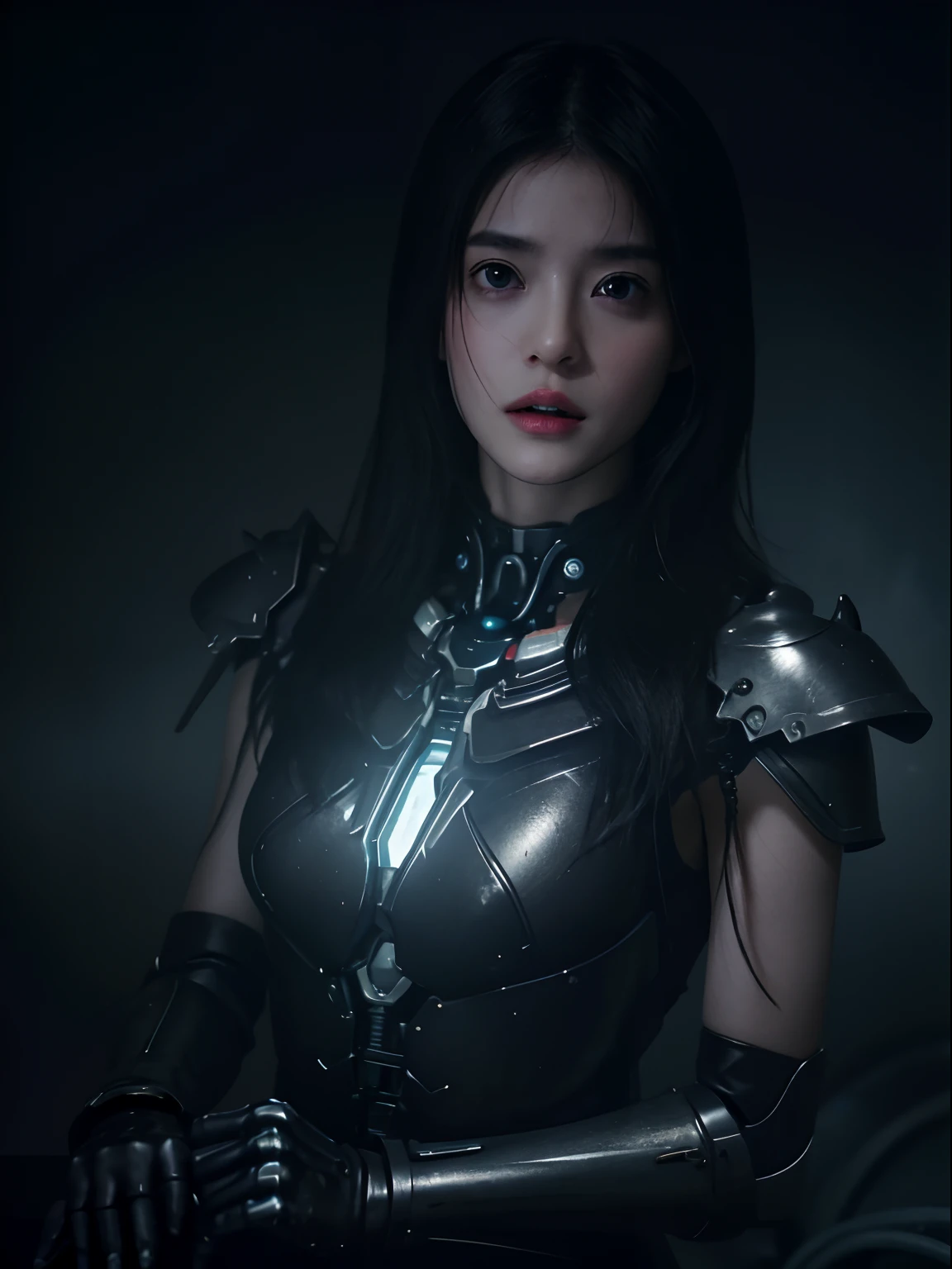 top-quality、masterpiece、超A high resolution、(Photorealsitic:1.4)、Raw photo、1人、Black hair、glowy skin、1 Mechanical Girl、((super realistic details))、portlate、Global Illumination、Shadow、(Particles of light),octan render、8K、ultrasharp、Mechanical Girl、Colossal tits、Raw skin is exposed in cleavage、Details of complex ornaments、Gundam details、highly intricate detail、Realistic light、CGSoation Trends、a purple eye、radiant eyes、Facing the camera、neon details、Mechanical limbs、blood vessels connected to tubes、Mechanical vertebrae attached to the back、mechanical cervical attaching to neck、sitting on、Wires and cables connecting to the head、Small LED lamp、Fluorescent glowing tubes、