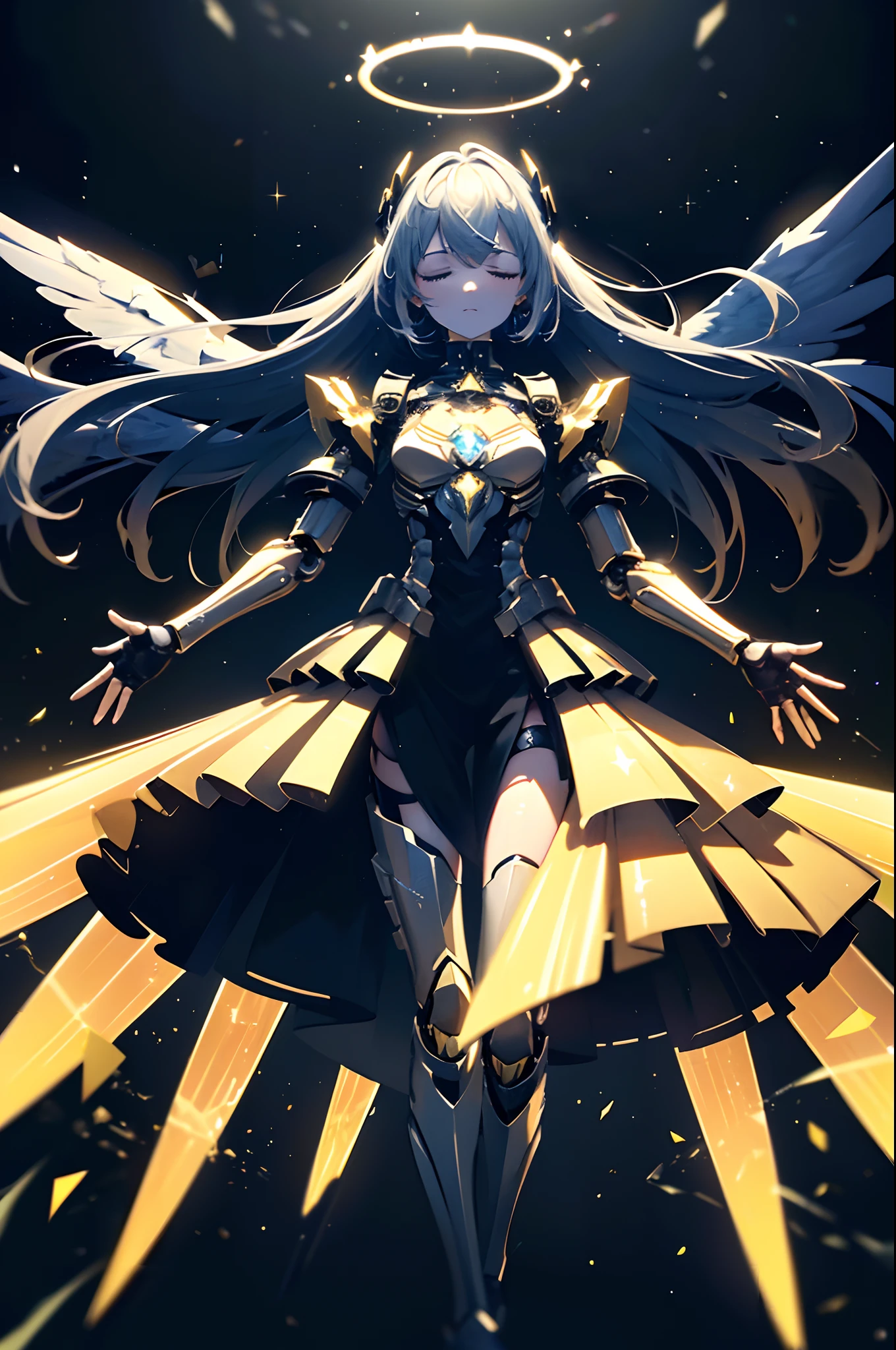 beautiful mechanical girl, (mechanically glowing antennas attached to the ears: 1.1), (closed eyes: 1.1), BREAK, (mechanical joints, mechanical limbs and fingers, exoskeleton spine and coccyx: 1.2), (mechanical halo), full body, fantastic starry sky, outstretched_arms, five fingers, (Symmetrical), BREAK, (high contrast RGB color angel wings), (five fingers, 4fingers and 1thumb), BREAK, (High contrast RGB effect, LED effect, kaleidoscope effect, shining effect, glitter RGB effect), (ripple effect: 1.2), professional lighting, best quality, masterpiece, ultra detailed, captures a super cute moment, depth of field, ultra high resolution, fine details, 16k wallpaper,