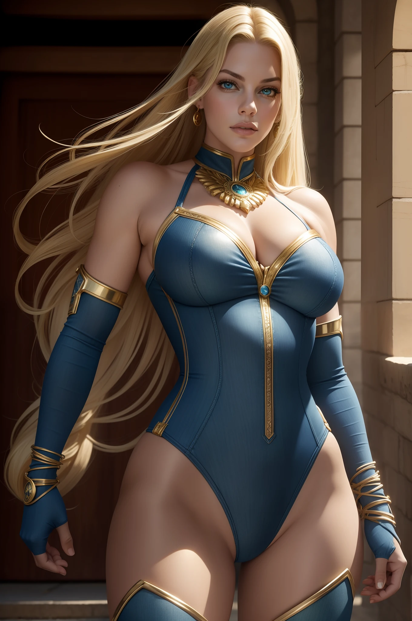 ( Corredor longo de pedras) Liv Tyler loire, as a blonde superheroine in a blue denim swimsuit with gold accents, blue denim clamps on both arms, gold bracelets on both arms, pernas nuas, Blue jean boots on the knee with golden laces,  Beautiful face looking at the camera, olhos verdes, long braided blonde hair, tiara azul na testa, Green belt with eagle buckle, athletic curvy body, musculatura definida,  perspectiva de corpo inteiro, Vista lateral do corpo, Imagem 32K altamente detalhada