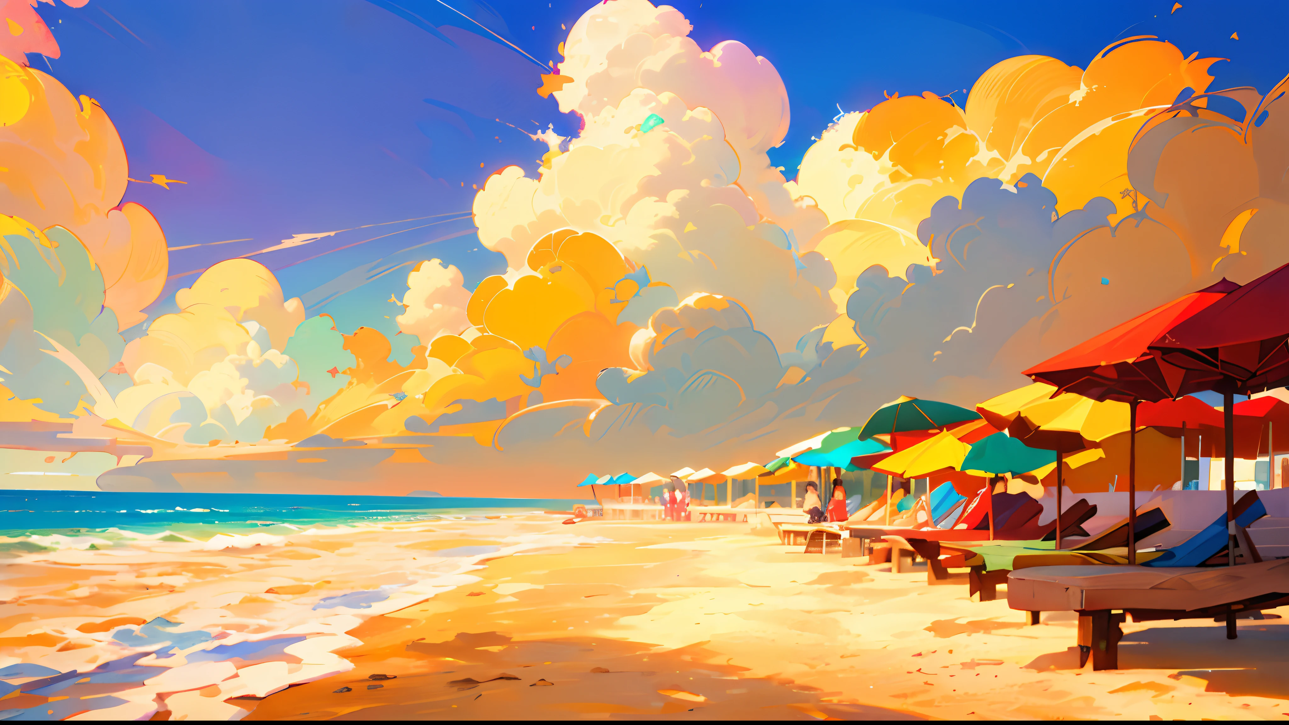 there are many umbrellas on the beach with people sitting on them, sunny day at beach, best on adobe stock, vibrant scene, vibrant vivid colors, travel, istock, vivid vibrant colors, vibrant and vivid, shutterstock, beautiful beach, beach setting, sandy beach, beach landscape, beach setting medium shot, breath-taking beautiful beach, in a beachfront environment