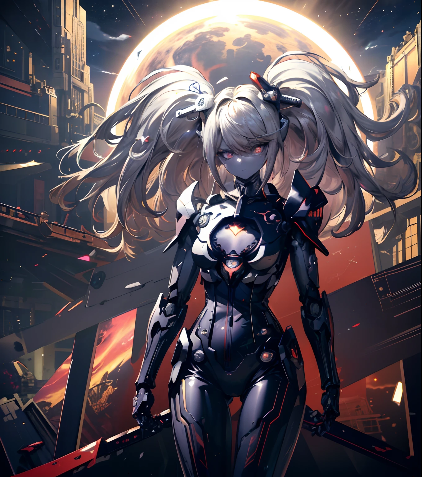 masterpiece,best quality,ultra-detailed,very detailed illustrations,extremely detailed,intricate details,highres,super complex details,extremely detailed 8k cg wallpaper,cowboy shot, caustics,reflection,ray tracing,demontheme,nebula,dark aura,cyber effect, (1girl:1.4),solo,alone,mecha musume,mechanical parts, robot joints,single mechanical arm, headgear, mechanical halo,star halo,intricate mechanical bodysuit, mecha corset, full armor, very long hair,white hair, hair between eyes, multicolored hair, colored inner hair, red eyes,glowing eye,eye trail, random expressions,random action, ancient japanese architecture,pond, starry sky,skyline,