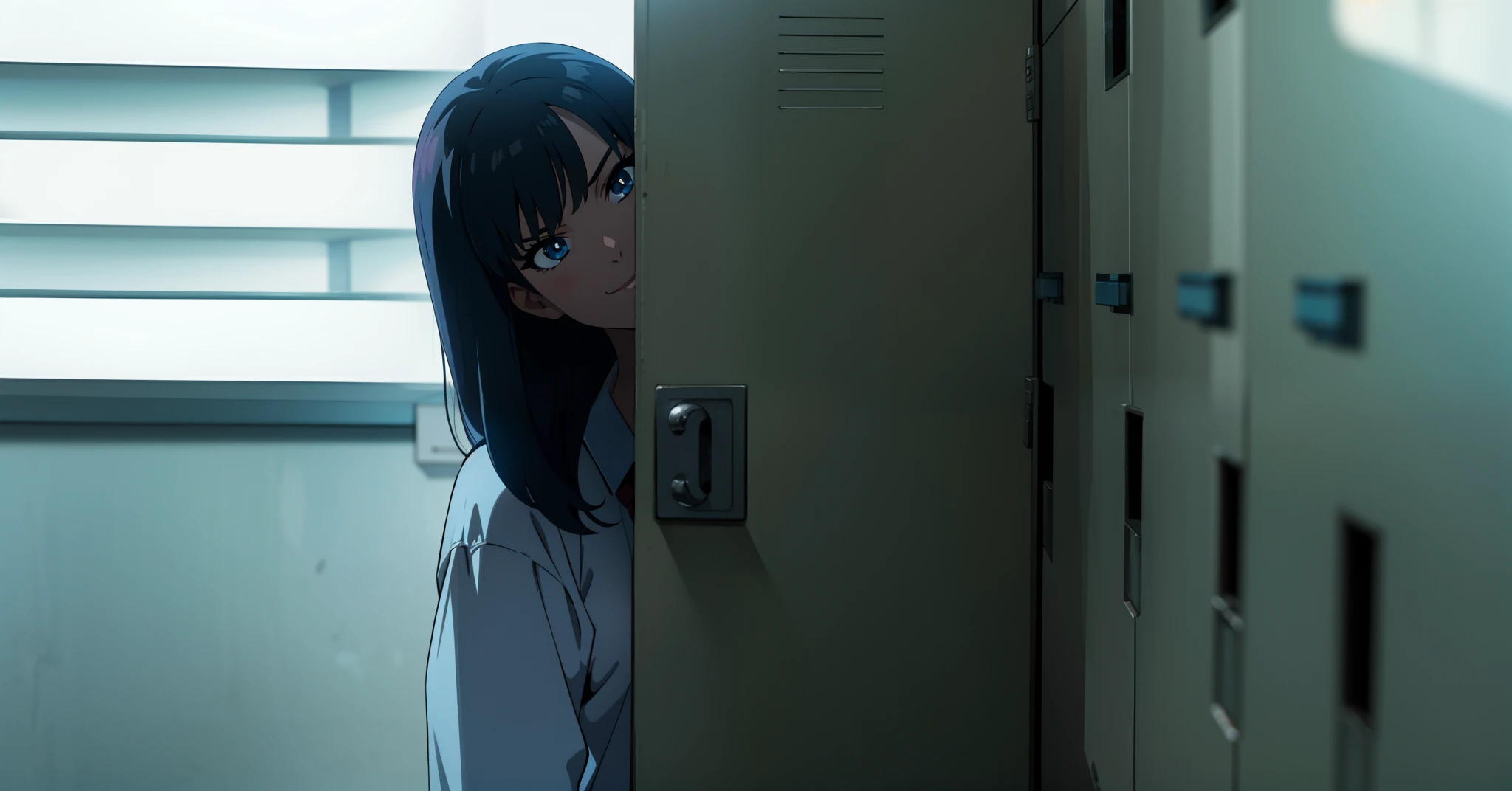 Anime scene, 1girl evil,blach hair, highschool uniform, seductive face,sexy, smile behind the locker