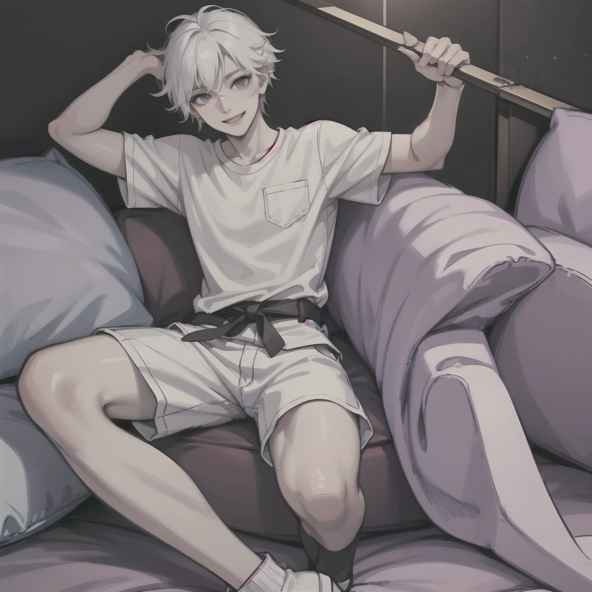 A boy in white short sleeves, white hair, purple eyes and a smiling expression, sat on the edge of the bed