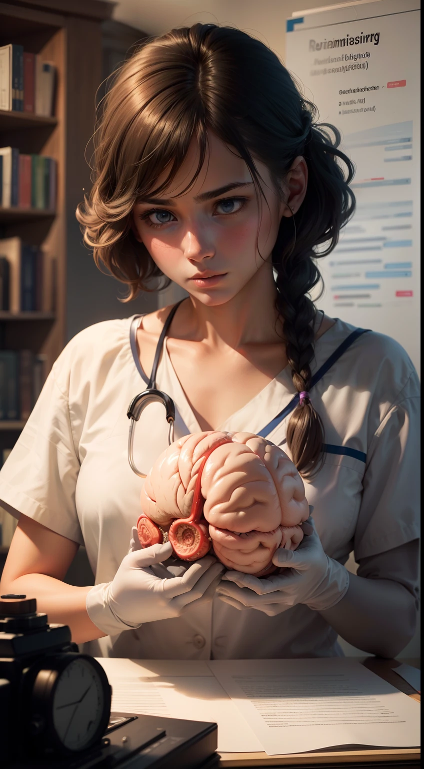 a girl delicately cradling a human brain,studying human brain,human brain study,engrossed in study,library backdrop,study backdrop,braided hair,deep concentration,thoughtful expression,medical gloves,scientific illustration of brain,illustrated anatomical sketch of brain,detailed illustration,meticulous detail,finely detailed portrait,high-resolution image,ultra-realistic,photo-realistic,sharp focus,professional lighting,vivid colors,studying neuroscience,scientific research,curious expression,soft lighting,subtle shadows,thought-provoking,portrait art,scientific exploration,,learning,cognitive function,neural network,human cognition,brain mapping,digital painting,emerging artist,expertly rendered,medical illustration,scientific accuracy,precise anatomical detail,meticulous craftsmanship,professional artwork,realistic textures,wispy hair strands.
