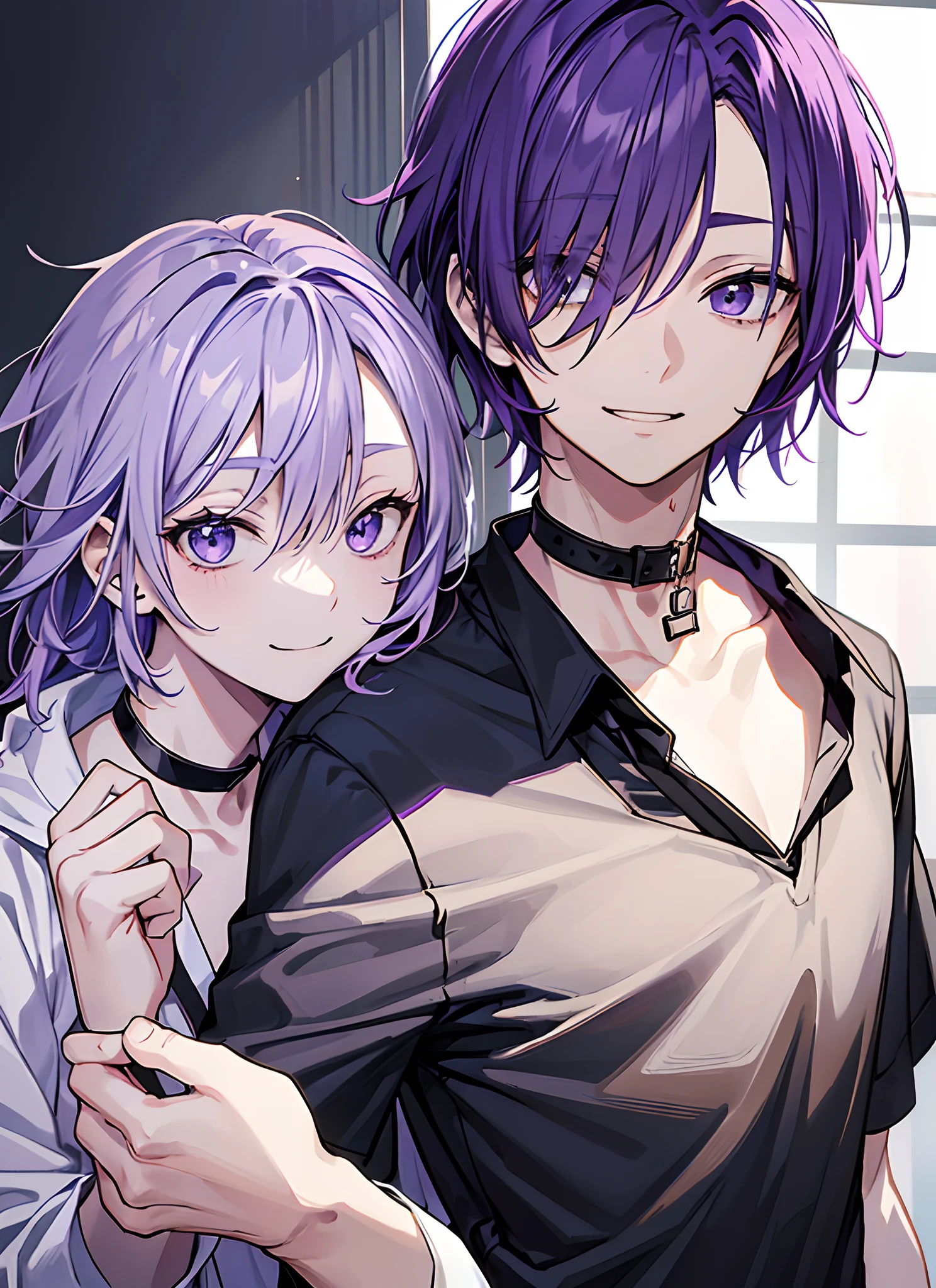 1guy, Handsome man,  Solo、Man with purple hair,up looking_で_viewer,  ((masutepiece,Best Quality)), Beautiful detailed eyes, beautifull detailed face、Purple eyes、Purple hair、Bangs that hide the right eye、One eye hides、logn hair、a cool、outer、twinks、Young man with purple hair、、gargantilha、Black collar、a choker、bandaged、Calm、Cool System、Soothing、The best smile、Black shirt、Loose tie、Black under the eyes、hide one eye