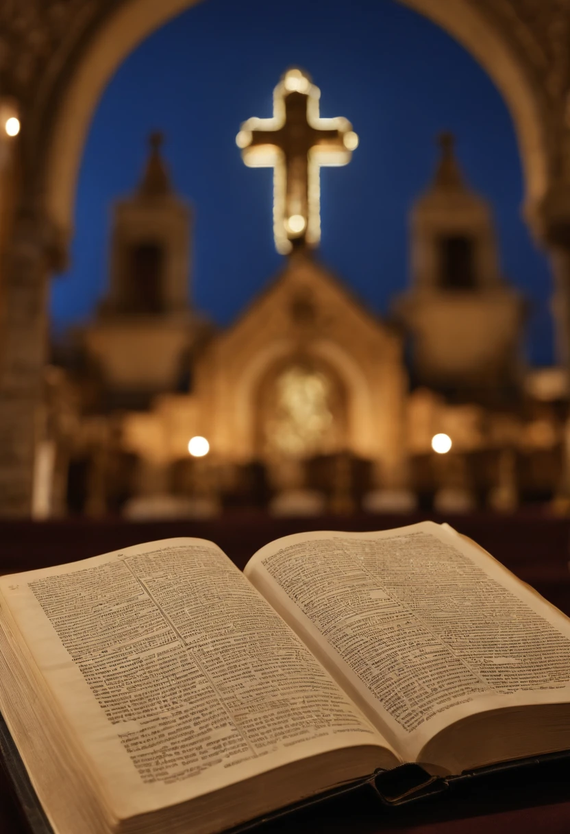 "Por favor, create a high-definition image of the Holy Bible that captures the reverence and spiritual significance of this holy book. The image should convey the historical and religious importance of the Bible, apresentando-a de forma digna e respeitosa. Use soft lighting to highlight cover and page details, enfatizando sua textura e envelhecimento, if applicable. Position the Bible in a setting that evokes a sacred environment, como uma prateleira de madeira em uma biblioteca antiga ou um altar iluminado. As cores devem ser sutis e a tipografia, se presente, deve ser elegante e discreta. The image should inspire a sense of reverence and spiritual connection to the words and teachings contained in the Holy Bible."