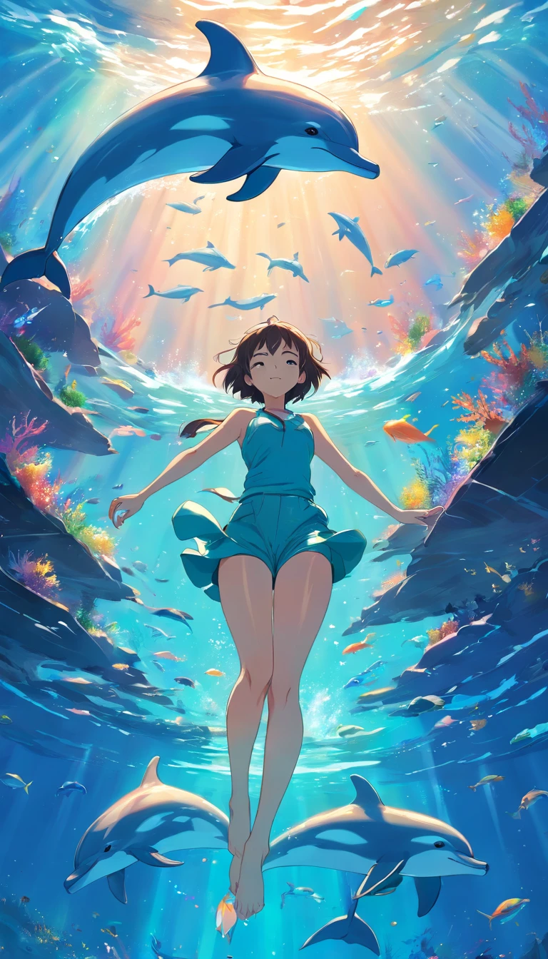 Painting of dolphins swimming in colorful ocean, Look up at the composition, Jellyfish and whales, Inspired by Cyril Rolando, A beautiful artwork illustration, author：Shitao, colorful concept art, Makoto Shinkai Cyrillo Rolando, In the style of Cyril Rolando, whale, Highly detailed watercolor 8K, highly detailed water colour 8 k，octane，the end，Realistic，8K，Estilo de Makoto Shinkai( reasonable design, 清晰的线条, High- sharpness,Best quality, Very detailed, Master parts, movie light effect, 4K )，A boy and a girl swim at the bottom of the sea，dream magical，The fish，
