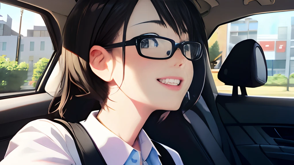 Anime girl with glasses sitting in car with backpack, Smooth Anime CG Art, anime moe art style, realistic anime art style, realistic anime 3 d style, lofi portrait, cute slightly nerdy smile, semirealistic anime style, Realistic anime art style, anime style portrait, Shinkai Makoto style, kawaii realistic portrait, Anime Realism Style, a hyperrealistic schoolgirl