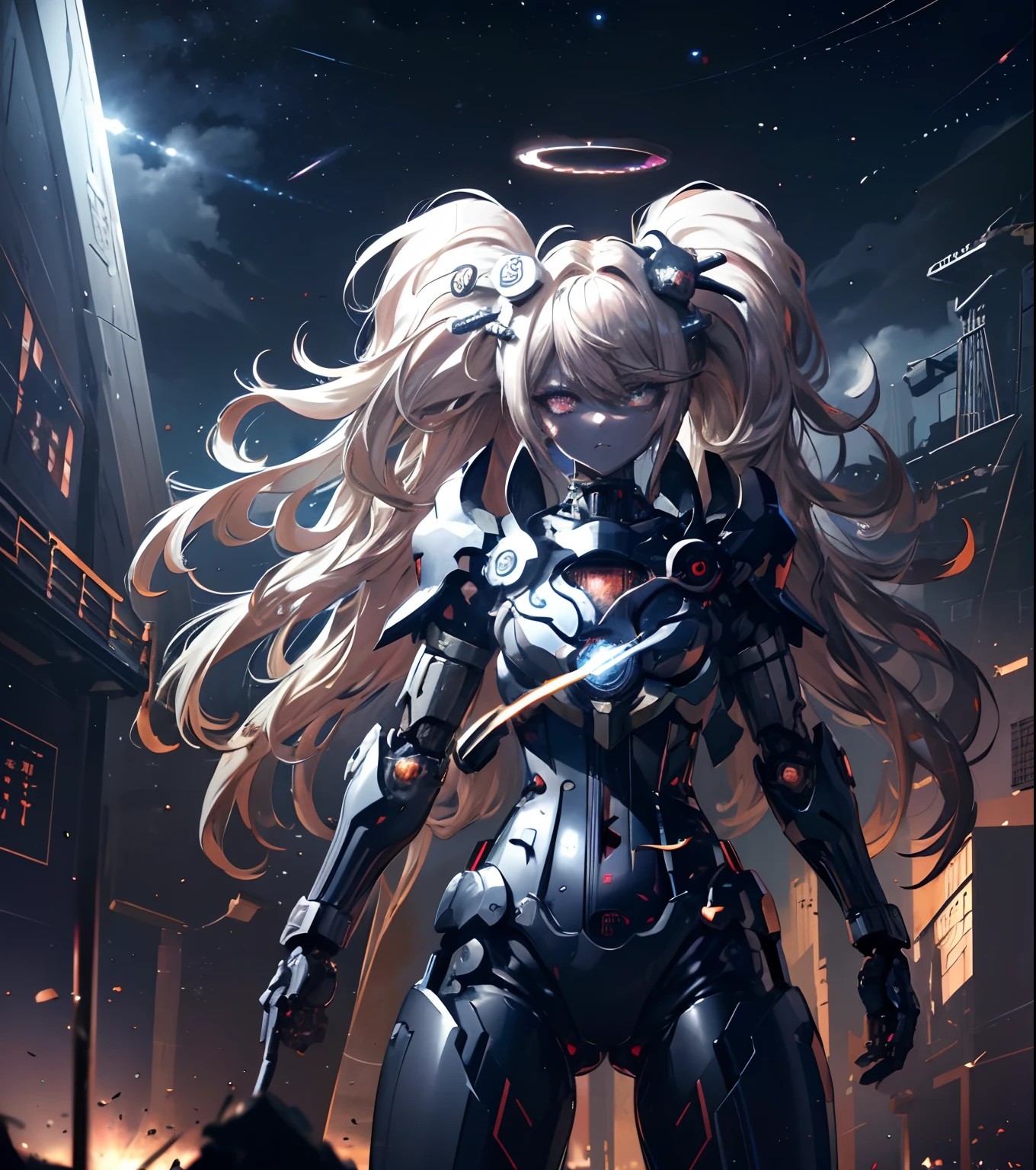 masterpiece,best quality,ultra-detailed,very detailed illustrations,extremely detailed,intricate details,highres,super complex details,extremely detailed 8k cg wallpaper,cowboy shot, caustics,reflection,ray tracing,demontheme,nebula,dark aura,cyber effect, (1girl:1.4),solo,alone,mecha musume,mechanical parts, robot joints,single mechanical arm, headgear, mechanical halo,star halo,intricate mechanical bodysuit, mecha corset, full armor, very long hair,white hair, hair between eyes, multicolored hair, colored inner hair, red eyes,glowing eye,eye trail, random expressions,random action, ancient japanese architecture,pond, starry sky,skyline,