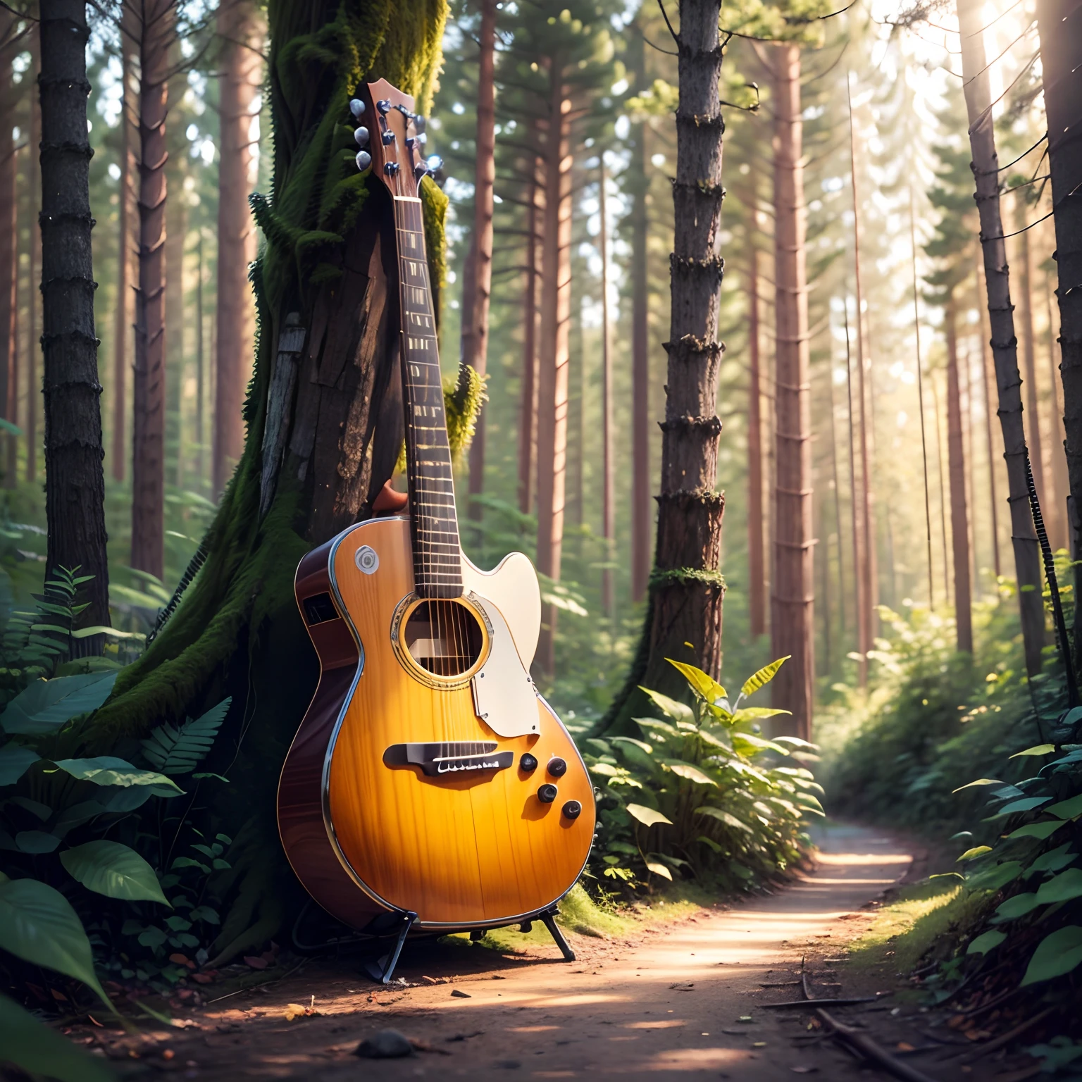 Stunningly a guitar in a forest, shine up, 8k, printable --auto