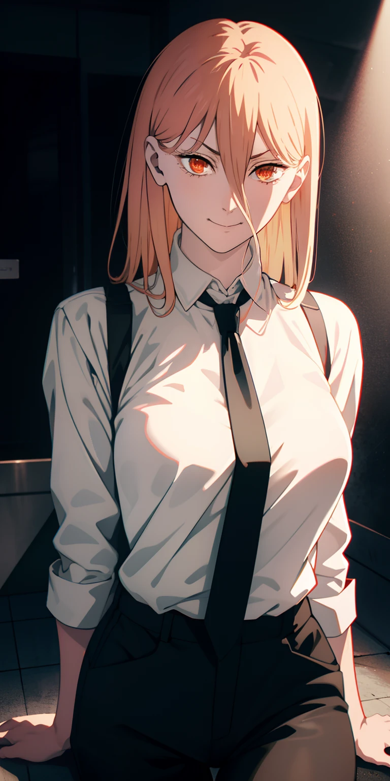 power \(chainsaw man\), best quality, ultra detailed, 1girl, solo, standing, blond hair, red eyes, red horn, bangs, medium breasts, white shirt, necktie, stare, smile, (evil:1.2), looking at viewer, (interview:1.3), (dark background), sitting, ((1girl)), bottomless, beautiful, masterpiece, best quality, shiny skin, holding hammer, facing at viewer, black pants, power \(chainsaw man\)