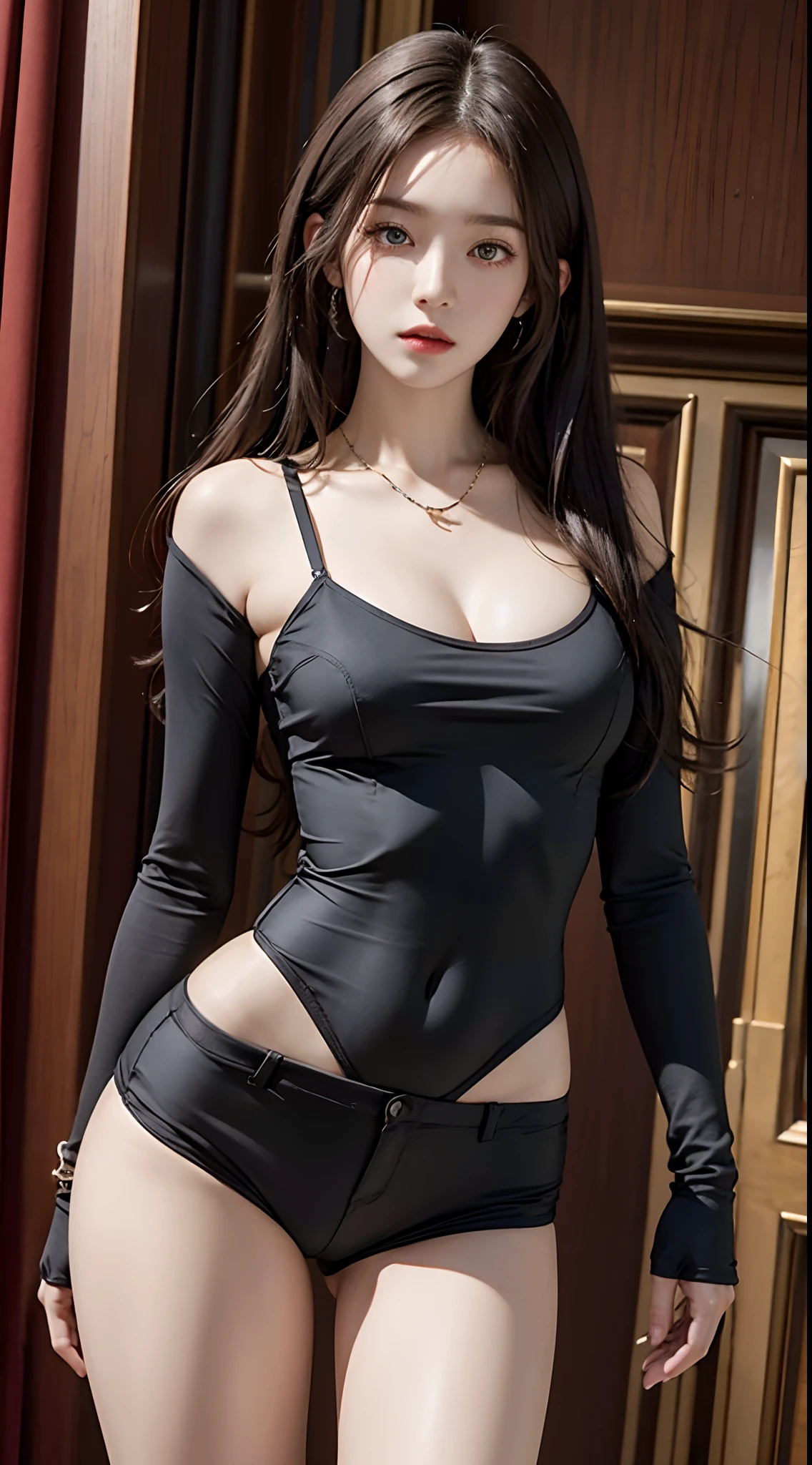 Photorealistic, high resolution, 1 woman, hips up, Beautiful eyes, Long hair, ringed eyes, jewelry, bodysuit underwear, shorts