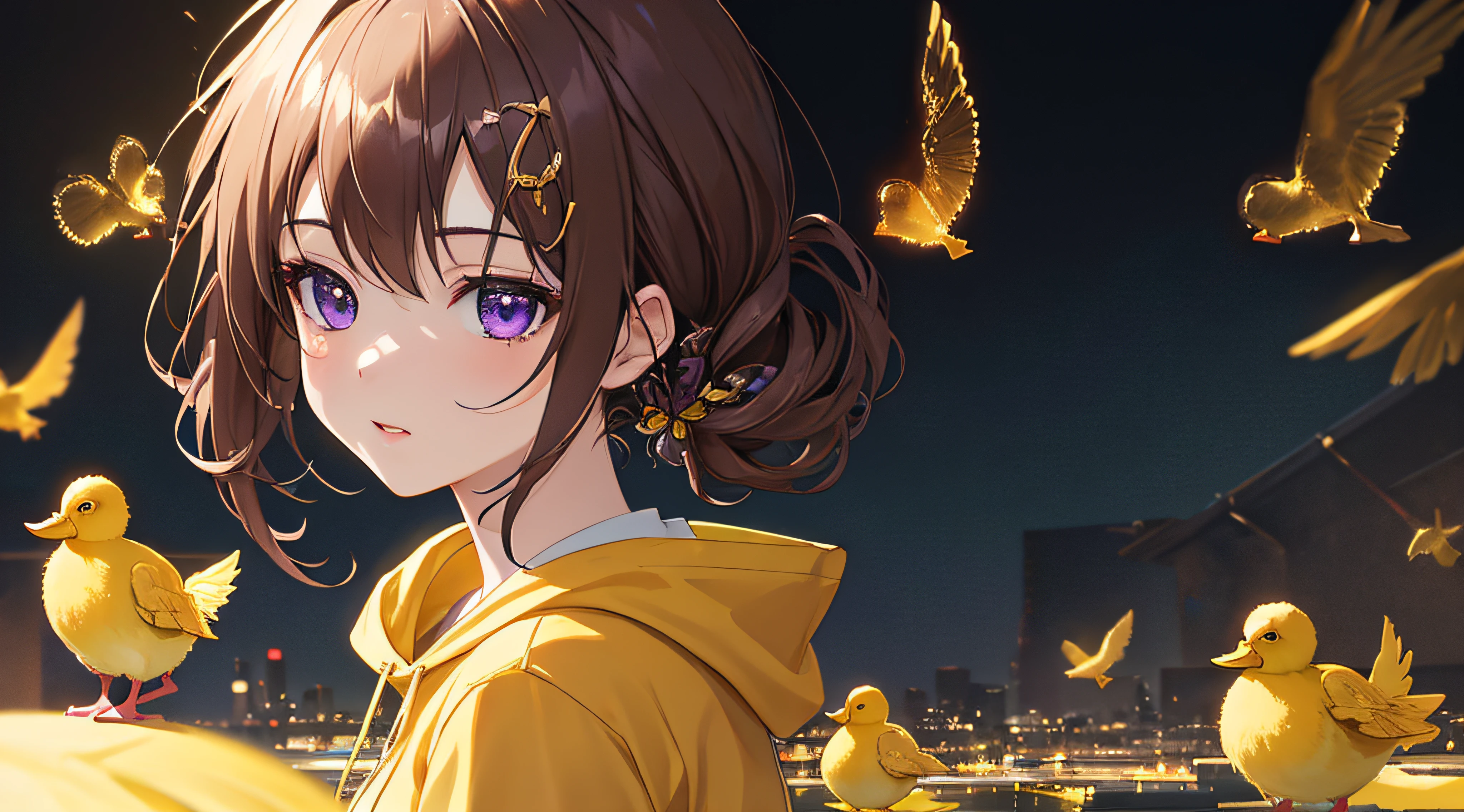 (delicate and beautiful CG artwork),(best quality, ultra-detailed, high resolution),(dynamic angle, dynamic lighting),(masterpiece, top quality, best quality, official art, beautiful and aesthetic:1.2), (1girl:1.3), (fractal art:1.3), (cinematic lighting,natural lighting,good lighting,ray tracing:0.9), yellow hoodie, outside vest, (yellow ducks), kawaii, anime style, brown hair, twintail, bang, purple eyes
