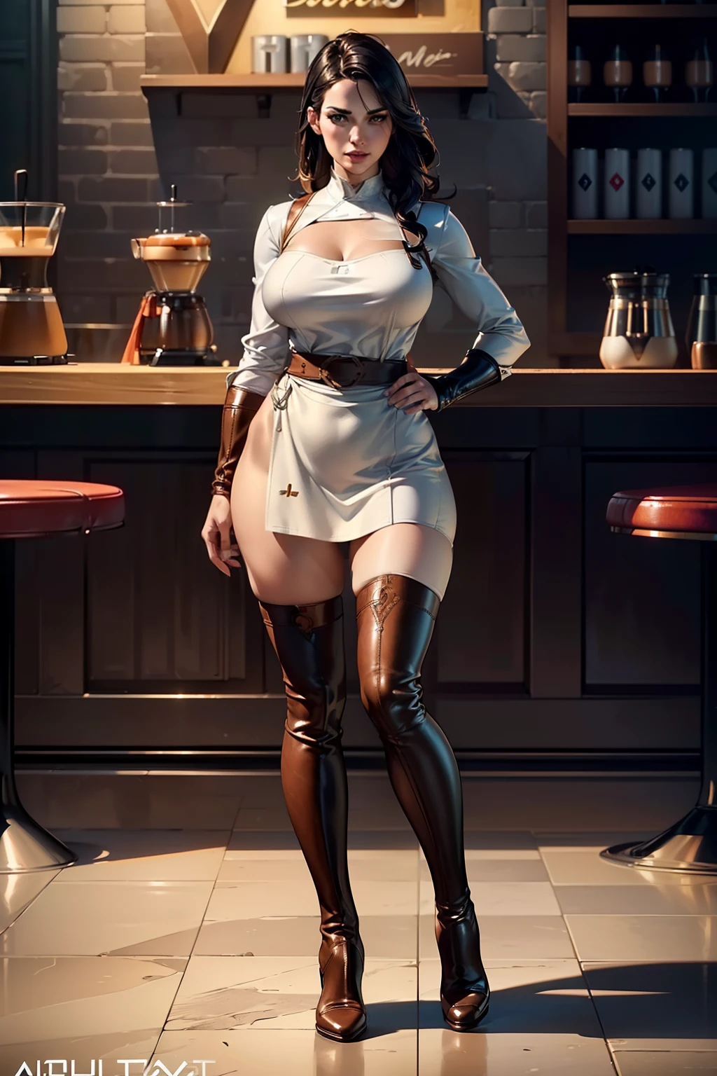 (((Full length body shot photo)))of (Megan Mace) in a (((leather apron))), realistic fabric texture, ((thigh-high boots)), (((white blouse))), (((superhero barista))), curvy body, power stance, legs wide, hourglass figure, coffee bar background, (beautiful caucasian face), (ultra-detailed, masterpiece), volumetric lighting, subsurface scattering, good anatomy, good proportions, High Detail, Sharp focus, dramatic, cinematic, dynamic pose (photorealistic:1.5), (mature adult:1.6), (highest quality illustration), (line art:1.25), (2D) (masterpiece, award-winning, best quality:1.3), trending on ArtStation, trending on CGSociety, Intricately detailed, award-winning digital art, 8k, high resolution, best quality, natural beauty, sharp focus, award-winning photograph,