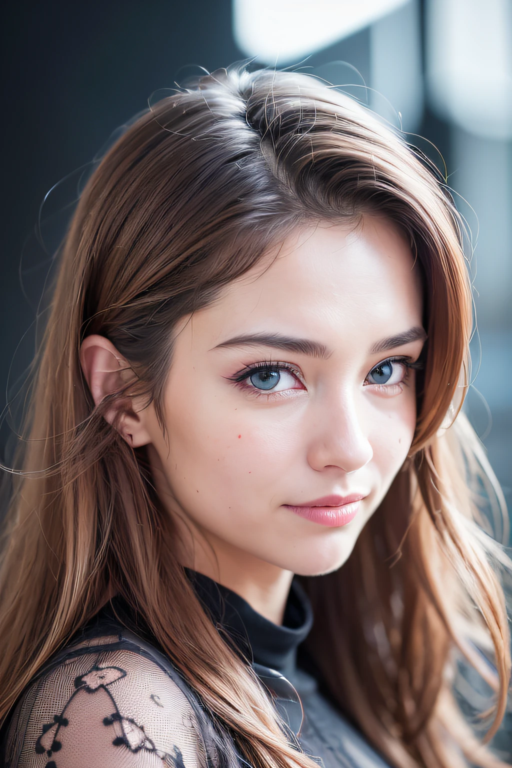 (realistic, photo-realistic:1.37),(8k, RAW photo, best quality, masterpiece:1.2), cute, ultra-detailed,heart-shaped pupils,physically-based rendering, ultra high res, kodakvision color, shot on Arricam LT Camera, bokeh, sharp focus,
looking at viewer,photorealistic,realistic, solo, photorealistic, best quality,extremely detailed face,extremely detailed eyes and face, beautiful detailed eyes,absurdres, incredibly absurdres,haunting smile,Messy hair, floating hair, ,