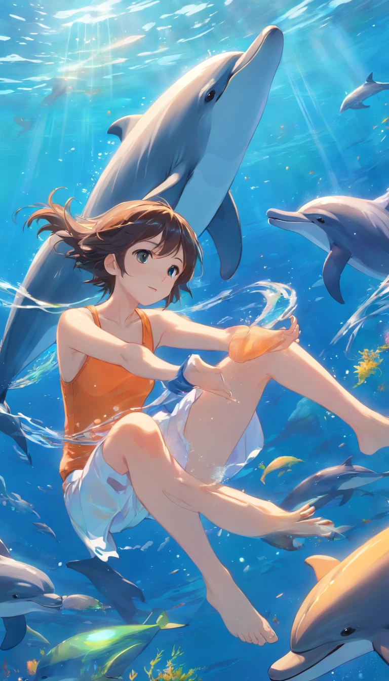 Painting of dolphins swimming in colorful ocean, Look up at the composition, Jellyfish and whales, Inspired by Cyril Rolando, A beautiful artwork illustration, author:Shitao, colorful concept art, Makoto Shinkai Cyrillo Rolando, In the style of Cyril Rolando, whale, Highly detailed watercolor 8K, highly detailed water colour 8 k,octane,the end,Realistic,8K,Estilo de Makoto Shinkai( reasonable design, 清晰的线条, High- sharpness,Best quality, Very detailed, Master parts, movie light effect, 4K ),A boy and a girl swim at the bottom of the sea,dream magical,The fish,