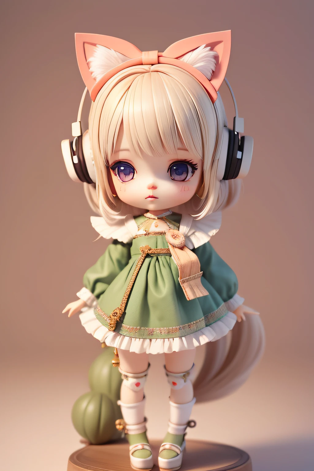 A cute BJD doll,Authentic cloth texture,Real strands of hair,short detailed hair,Two-headed body,Wearing cat ear headphones,Has a long cat's tail,A bow is tied around the tail,Full body medium composition
