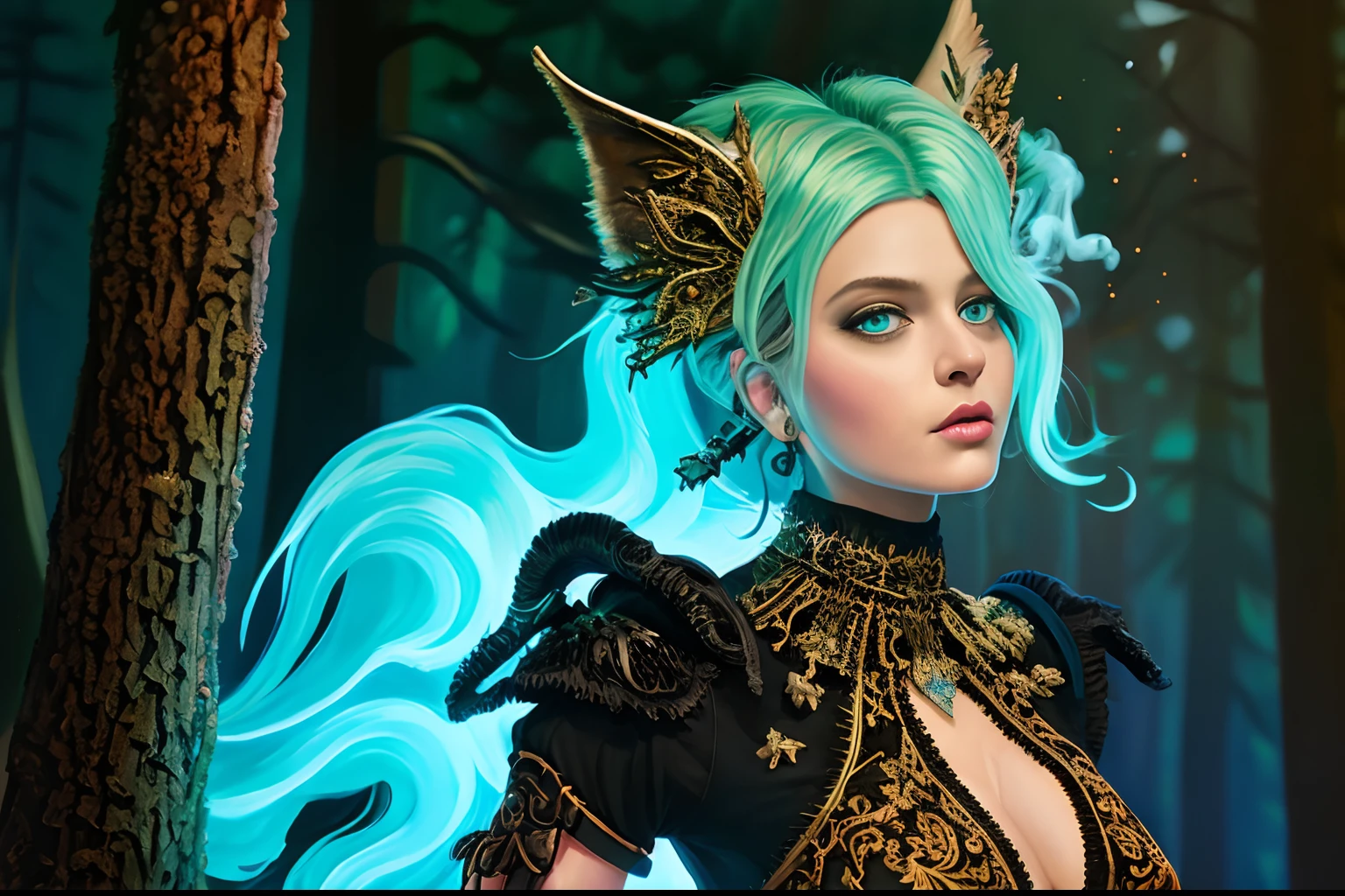 gothic face nymph, intricate neo-baroque dress, epic shaggy hair of epic trance, large slant up eyes, glowing smoke aqua eyes, half open mouth, from side, cowboy shot, forest punk background intricate detail, starkly beautiful, insane details, smooth and flawless skin, absurd resolution, beautiful detailed glow, intricate detailed 3d animation art, matte painting, marker drawing, oil painting, gouache,